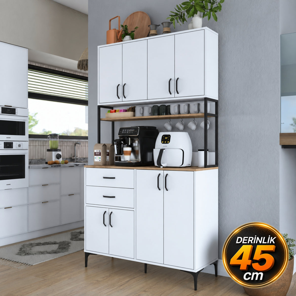 Rani JE213 Kahve Köşesi Çok Amaçlı Dolap 8 Kapaklı 2 Çekmeceli Raflı Kiler Mutfak Dolabı Beyaz - Sepet Ceviz