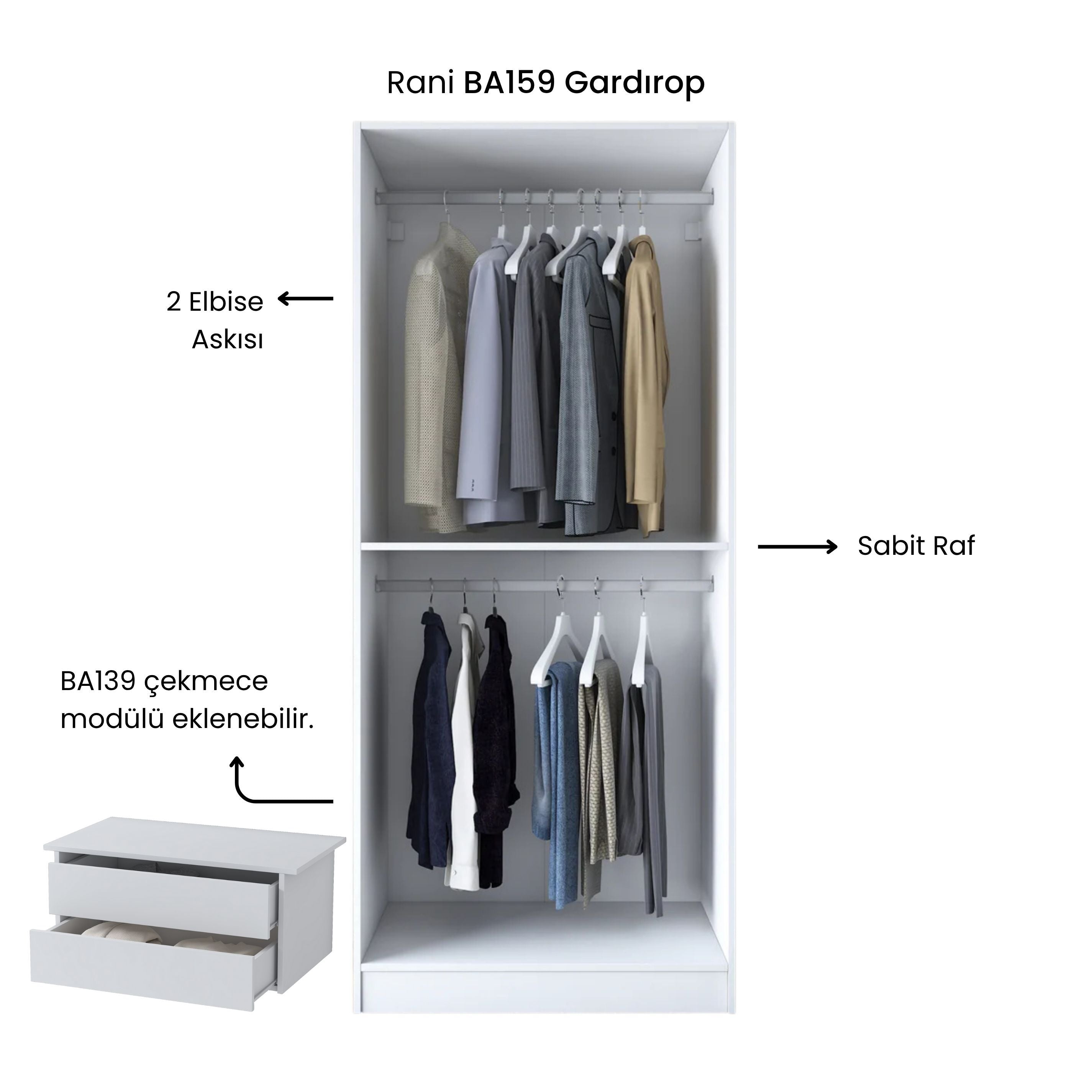 Rani BA159  Gardırop 2 Kapaklı Raflı 2 Askılı Elbise Dolabı Beyaz