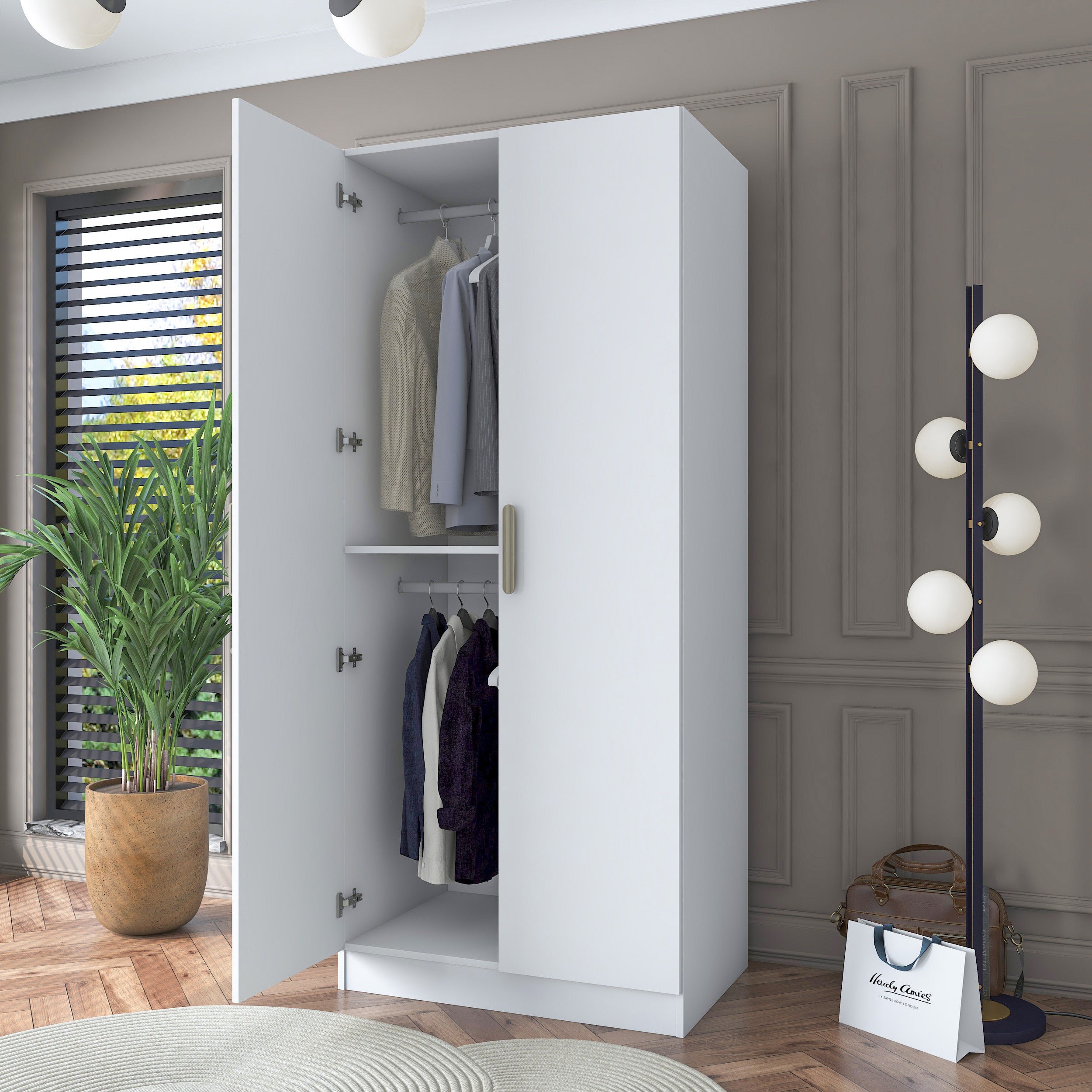 Rani BA159  Gardırop 2 Kapaklı Raflı 2 Askılı Elbise Dolabı Beyaz