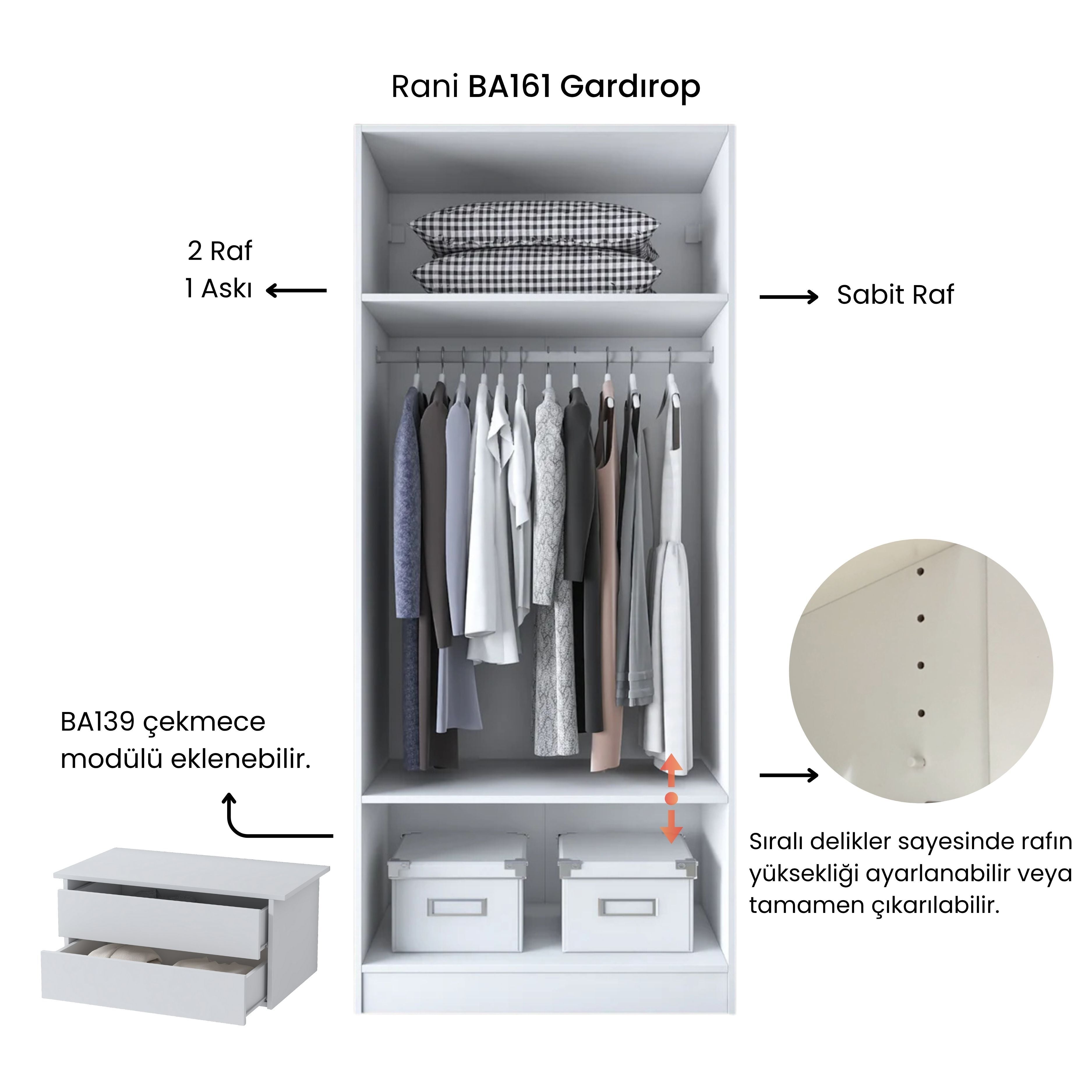 Rani BA161 Gardırop 2 Kapaklı 2 Raflı Elbise Dolabı Beyaz