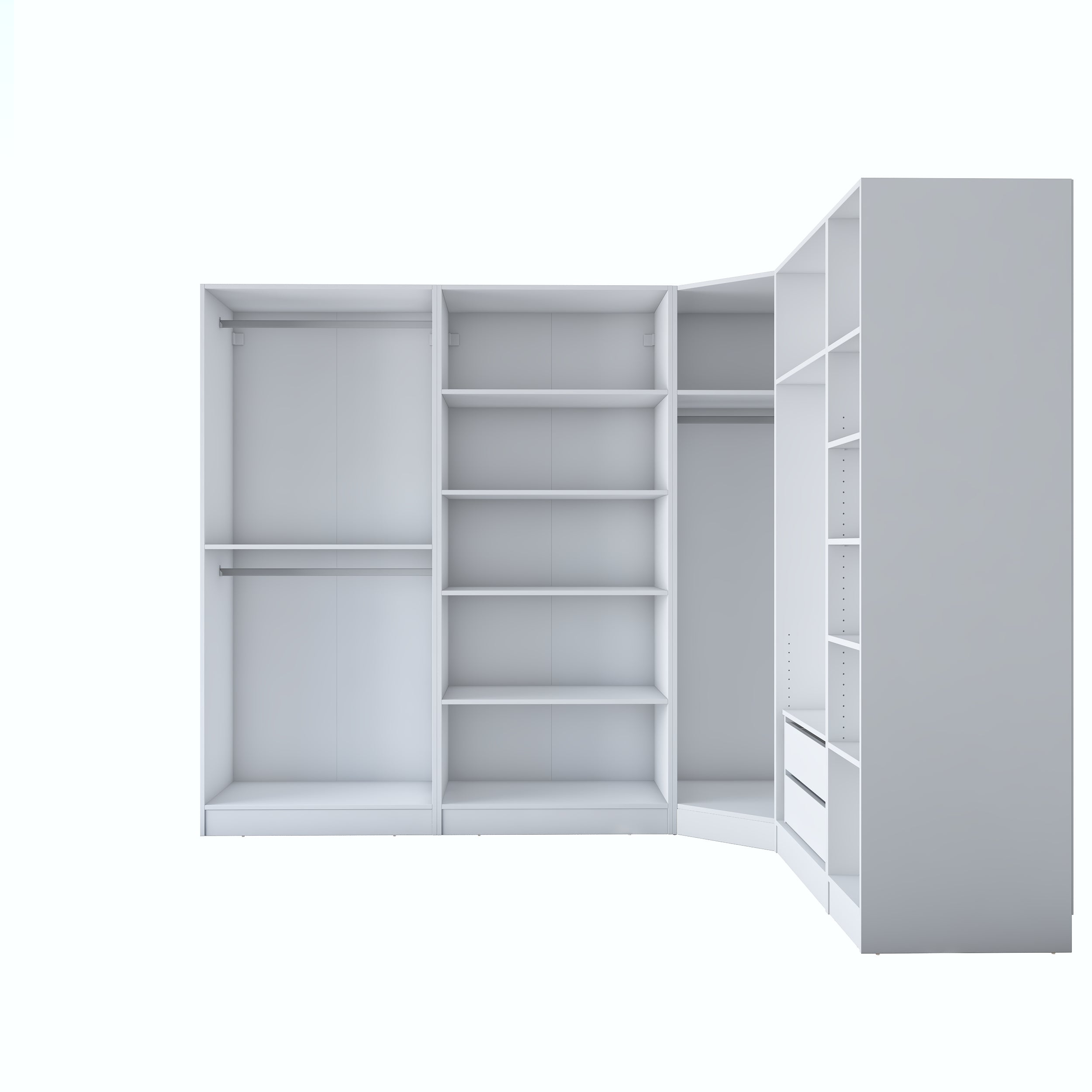Rani BA151 beyaz modüler köşe gardırop, 8 kapaklı, 2 çekmeceli, 14 raflı ve 4 askılı bölmeli geniş elbise dolabı, modern tasarımıyla yatak odası ve giyinme odası için ideal.