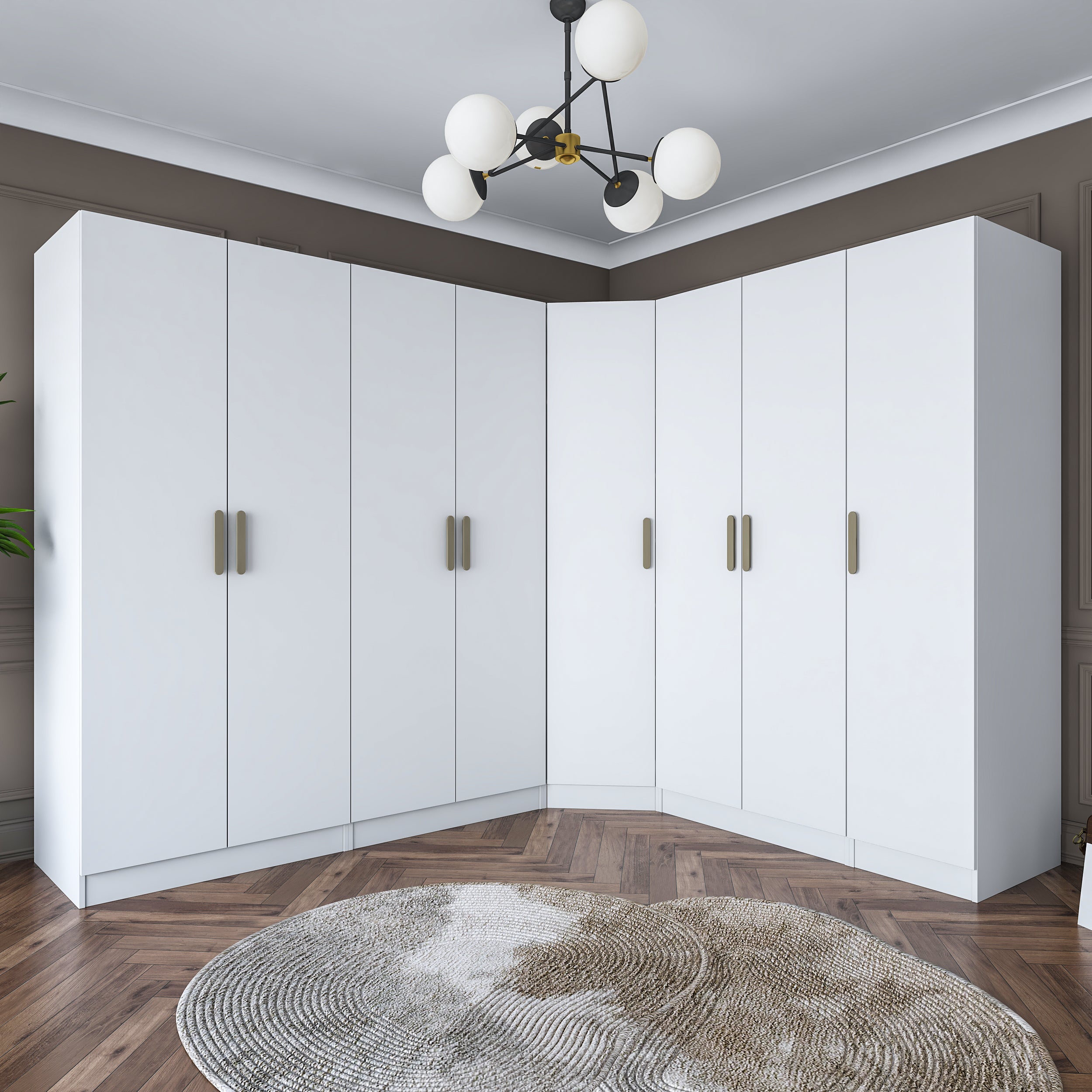 Rani BA151 beyaz modüler köşe gardırop, 8 kapaklı, 2 çekmeceli, 14 raflı ve 4 askılı bölmeli geniş elbise dolabı, modern tasarımıyla yatak odası ve giyinme odası için ideal.