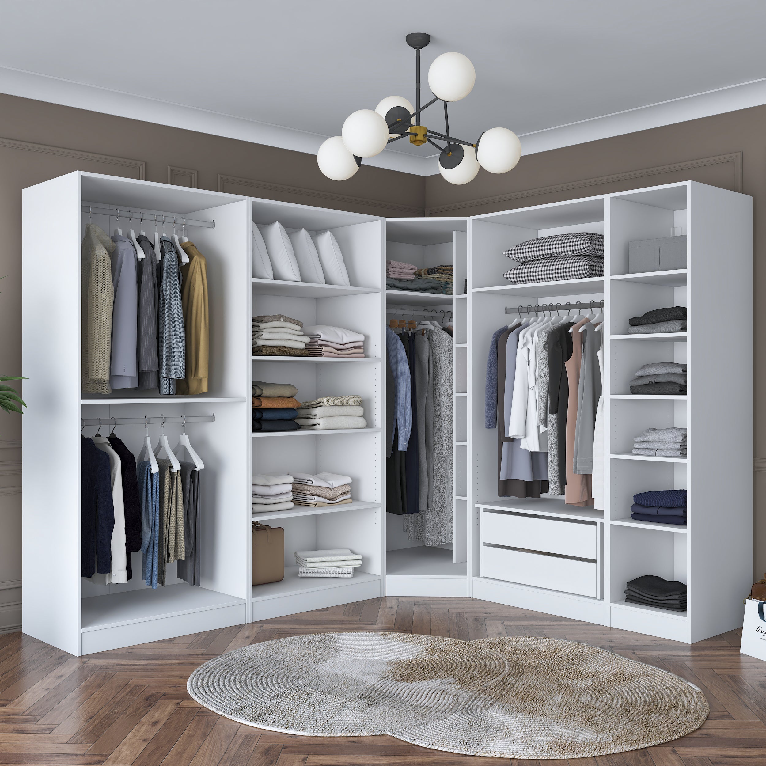 Rani BA151 beyaz modüler köşe gardırop, 8 kapaklı, 2 çekmeceli, 14 raflı ve 4 askılı bölmeli geniş elbise dolabı, modern tasarımıyla yatak odası ve giyinme odası için ideal.