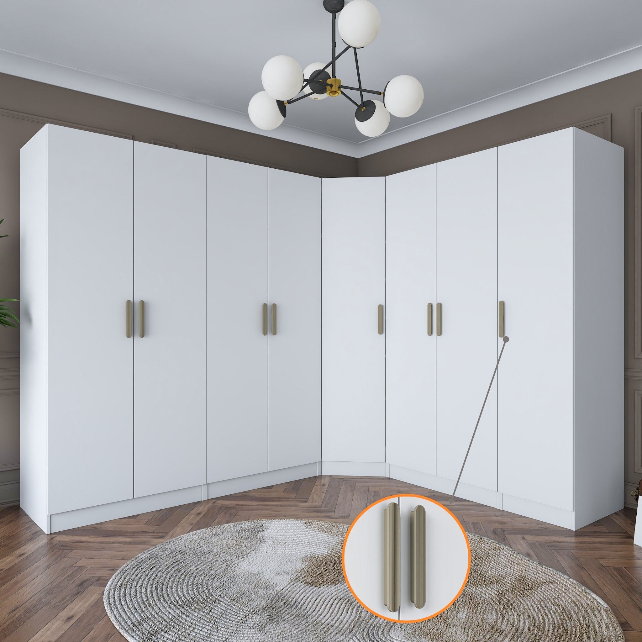 Rani BA151 beyaz modüler köşe gardırop, 8 kapaklı, 2 çekmeceli, 14 raflı ve 4 askılı bölmeli geniş elbise dolabı, modern tasarımıyla yatak odası ve giyinme odası için ideal.