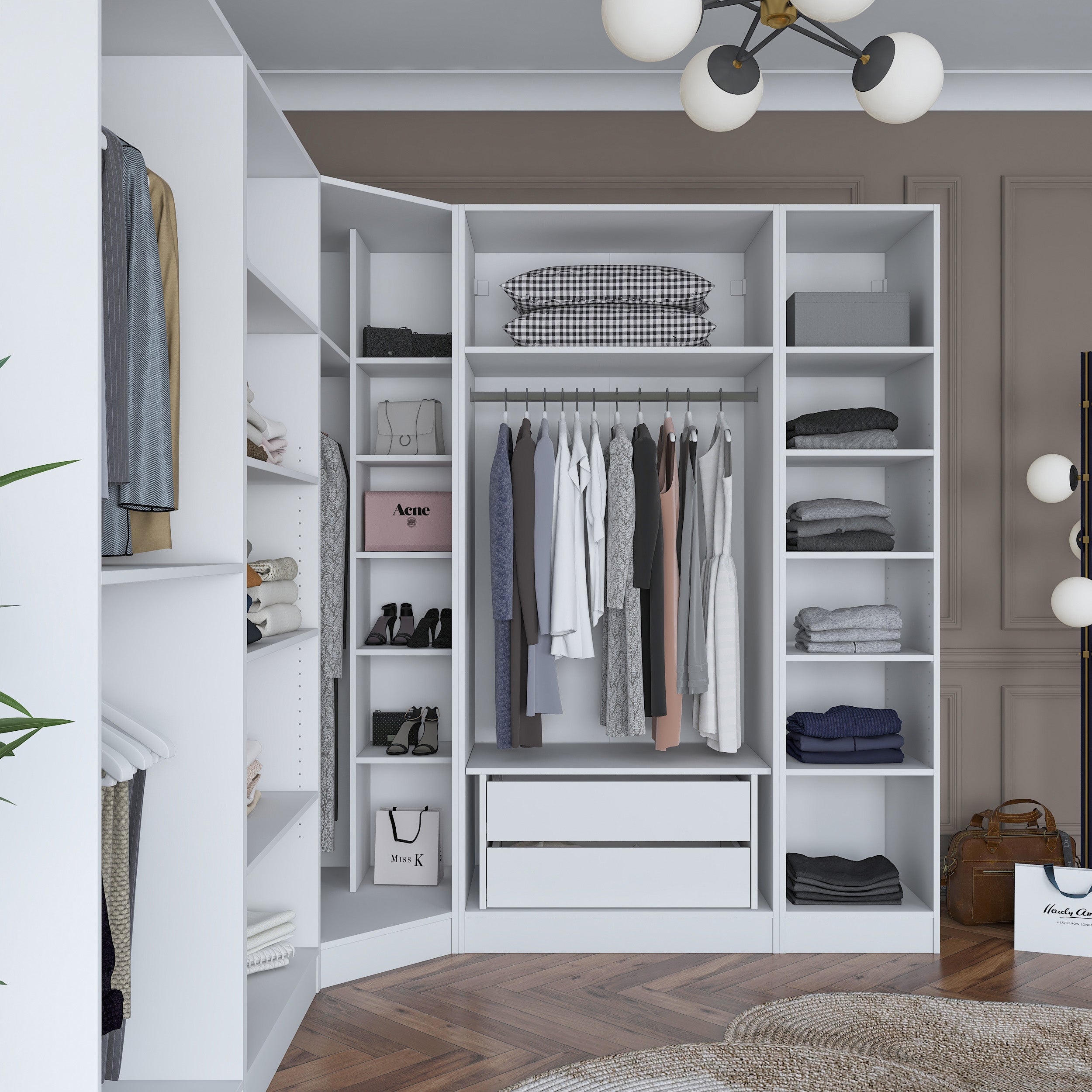 Rani BA151 beyaz modüler köşe gardırop, 8 kapaklı, 2 çekmeceli, 14 raflı ve 4 askılı bölmeli geniş elbise dolabı, modern tasarımıyla yatak odası ve giyinme odası için ideal.