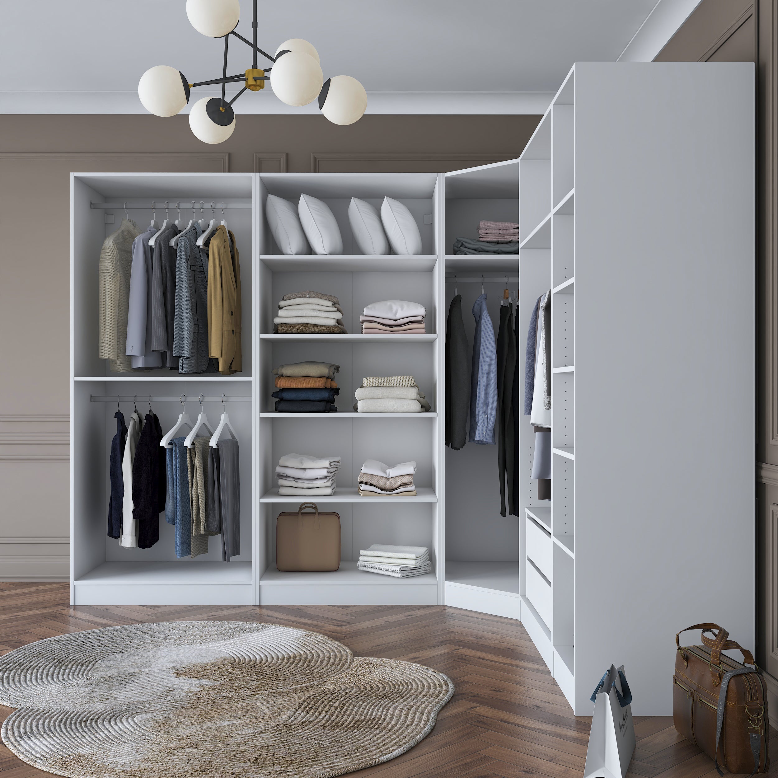 Rani BA151 beyaz modüler köşe gardırop, 8 kapaklı, 2 çekmeceli, 14 raflı ve 4 askılı bölmeli geniş elbise dolabı, modern tasarımıyla yatak odası ve giyinme odası için ideal.