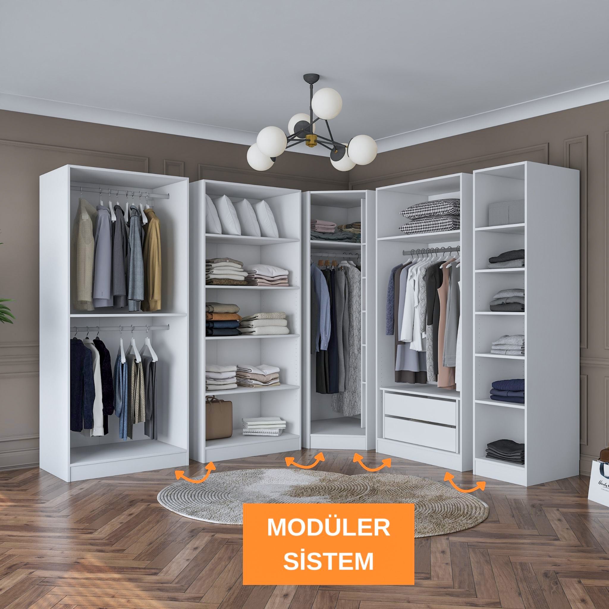 Rani BA151 beyaz modüler köşe gardırop, 8 kapaklı, 2 çekmeceli, 14 raflı ve 4 askılı bölmeli geniş elbise dolabı, modern tasarımıyla yatak odası ve giyinme odası için ideal.