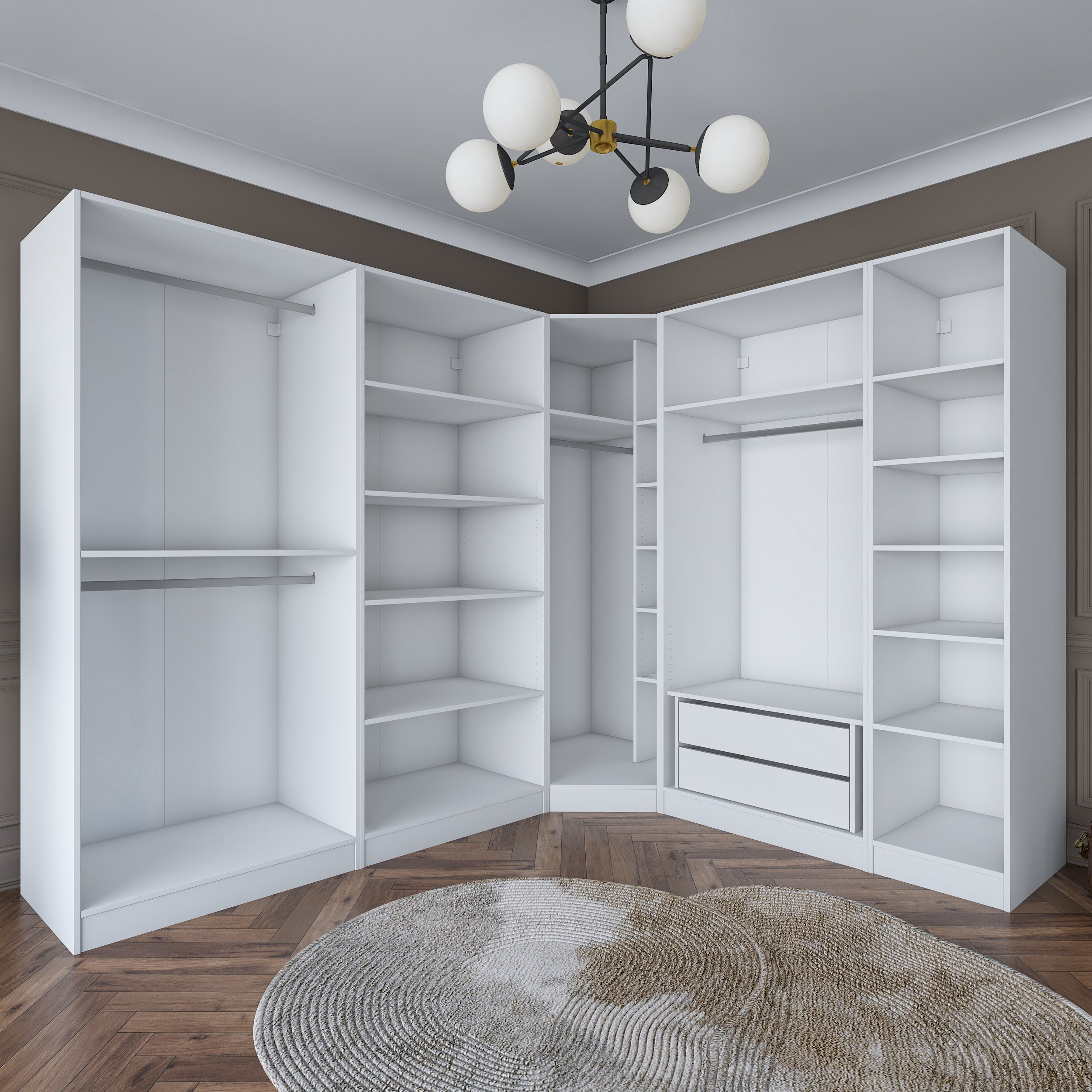 Rani BA151 beyaz modüler köşe gardırop, 8 kapaklı, 2 çekmeceli, 14 raflı ve 4 askılı bölmeli geniş elbise dolabı, modern tasarımıyla yatak odası ve giyinme odası için ideal.