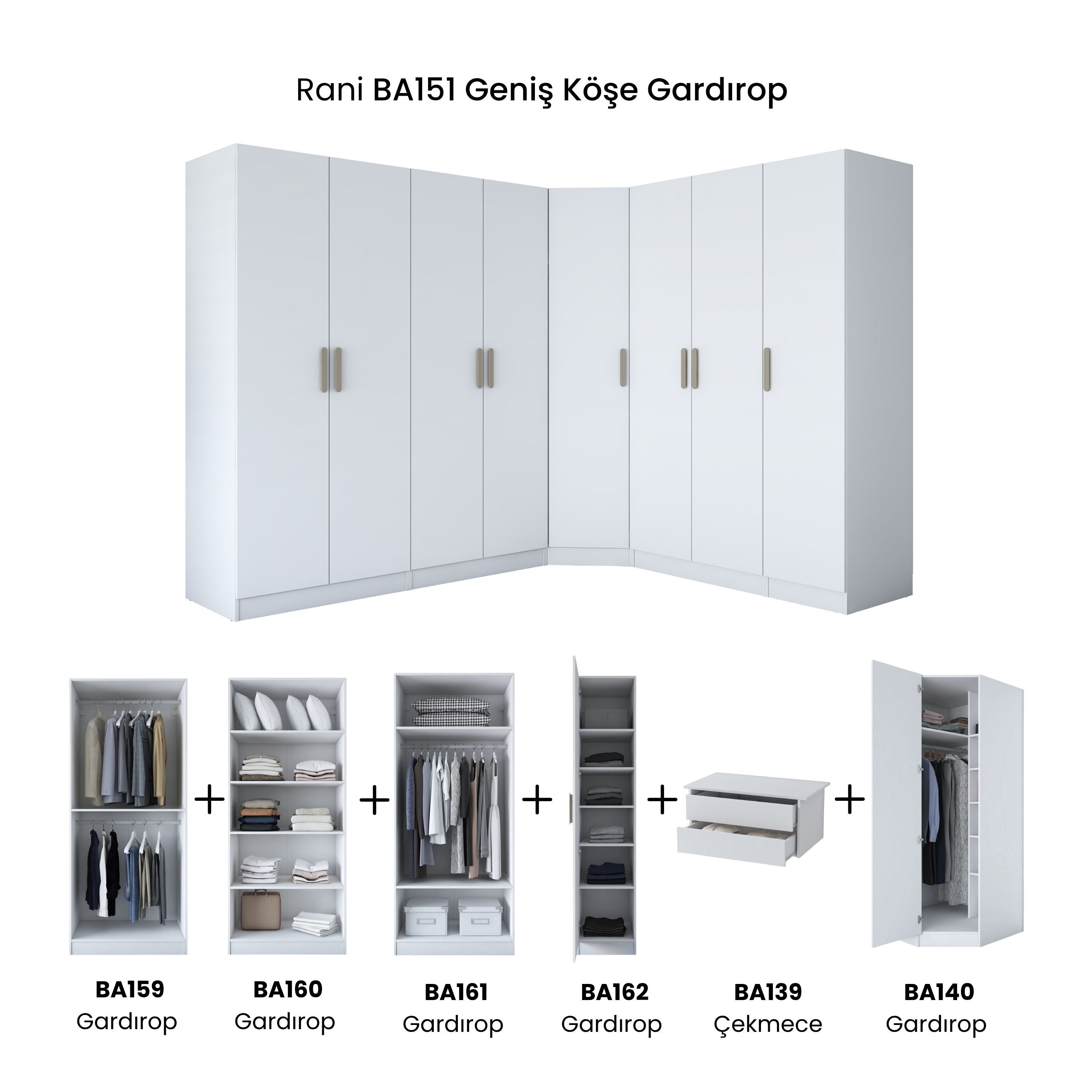 Rani BA151 Geniş Köşe Gardırop Elbise Dolabı 8 Kapaklı 2 Çekmeceli 18 Raflı 4 Askılı Modüler Dolap Beyaz