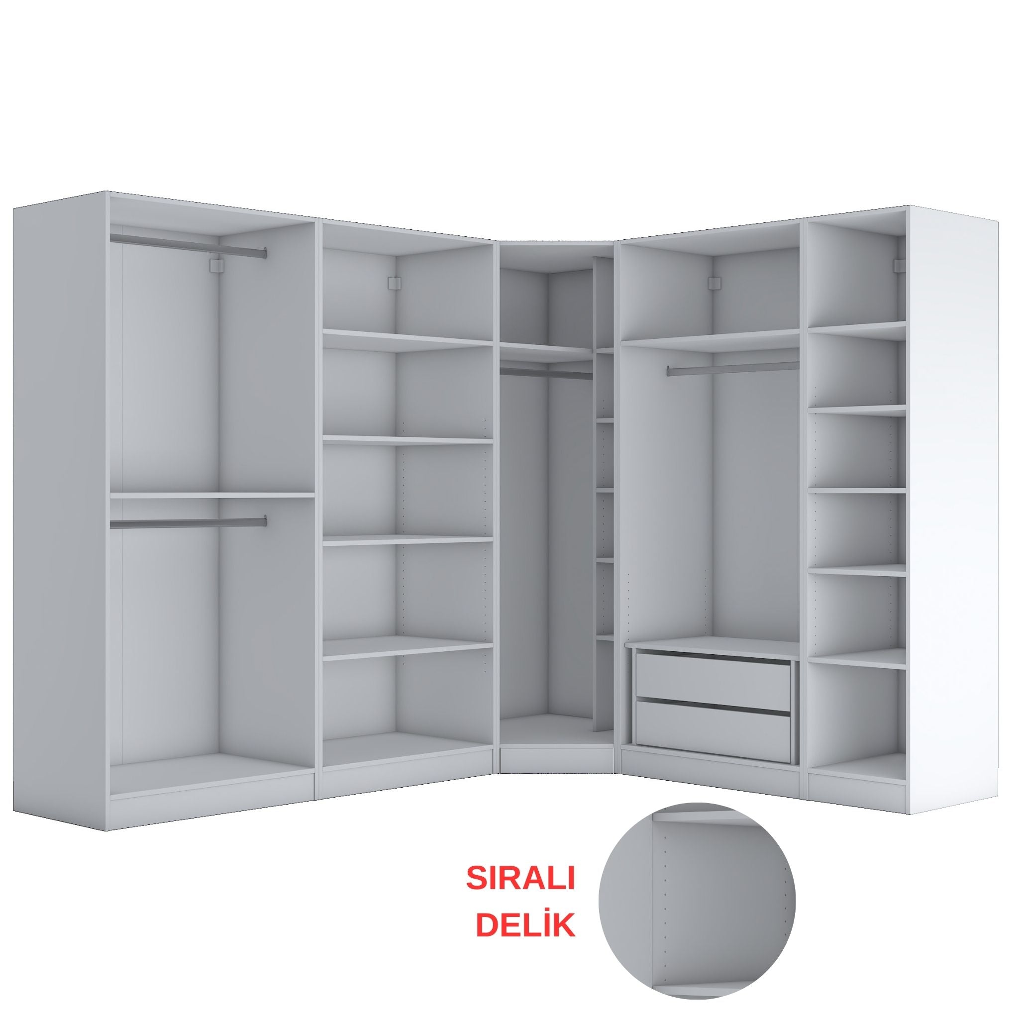 Rani BA151 beyaz modüler köşe gardırop, 8 kapaklı, 2 çekmeceli, 14 raflı ve 4 askılı bölmeli geniş elbise dolabı, modern tasarımıyla yatak odası ve giyinme odası için ideal.