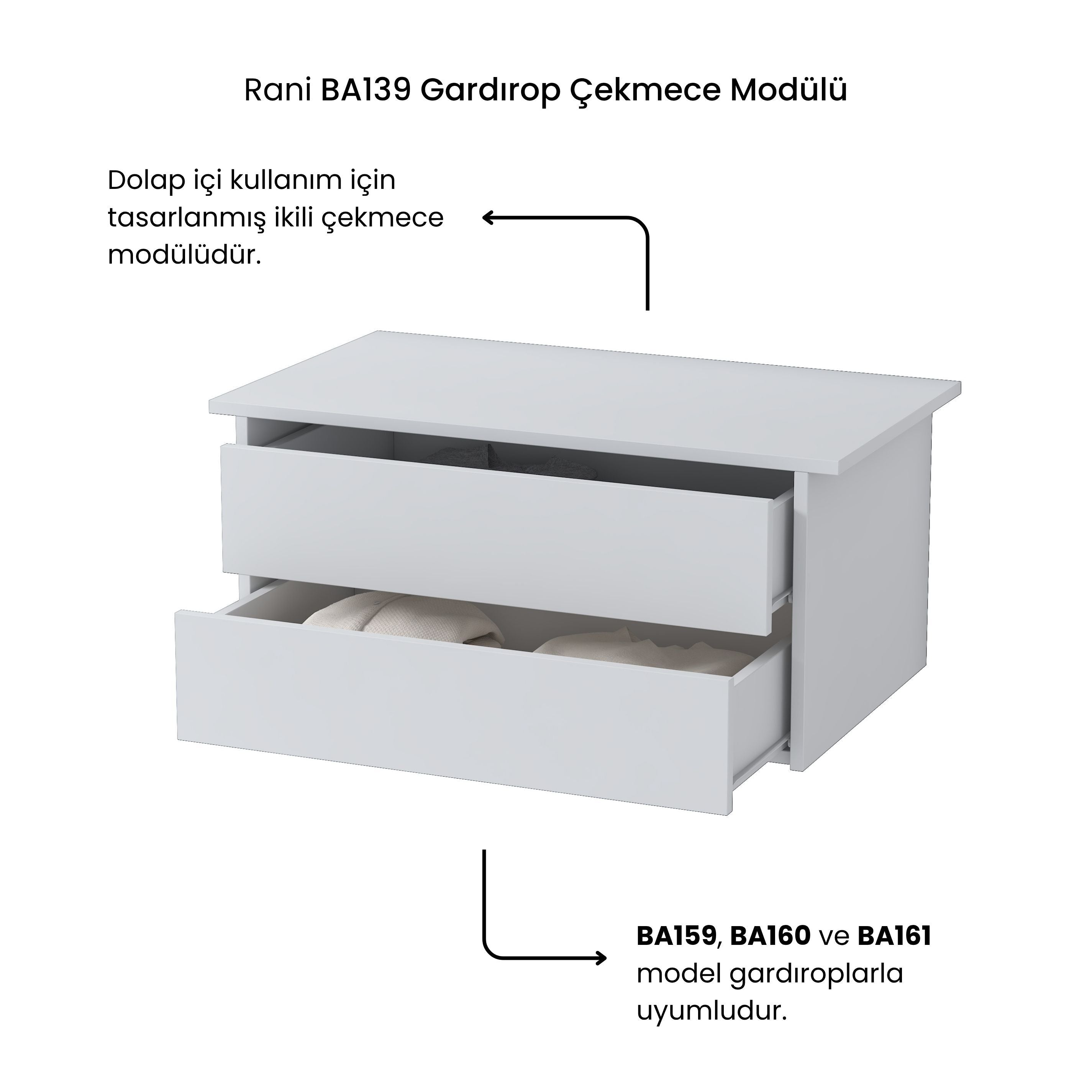 Rani BA139 Gardırop Çekmece Modülü Tamamlayıcı Dolap İçi Çekmece Ünitesi Beyaz