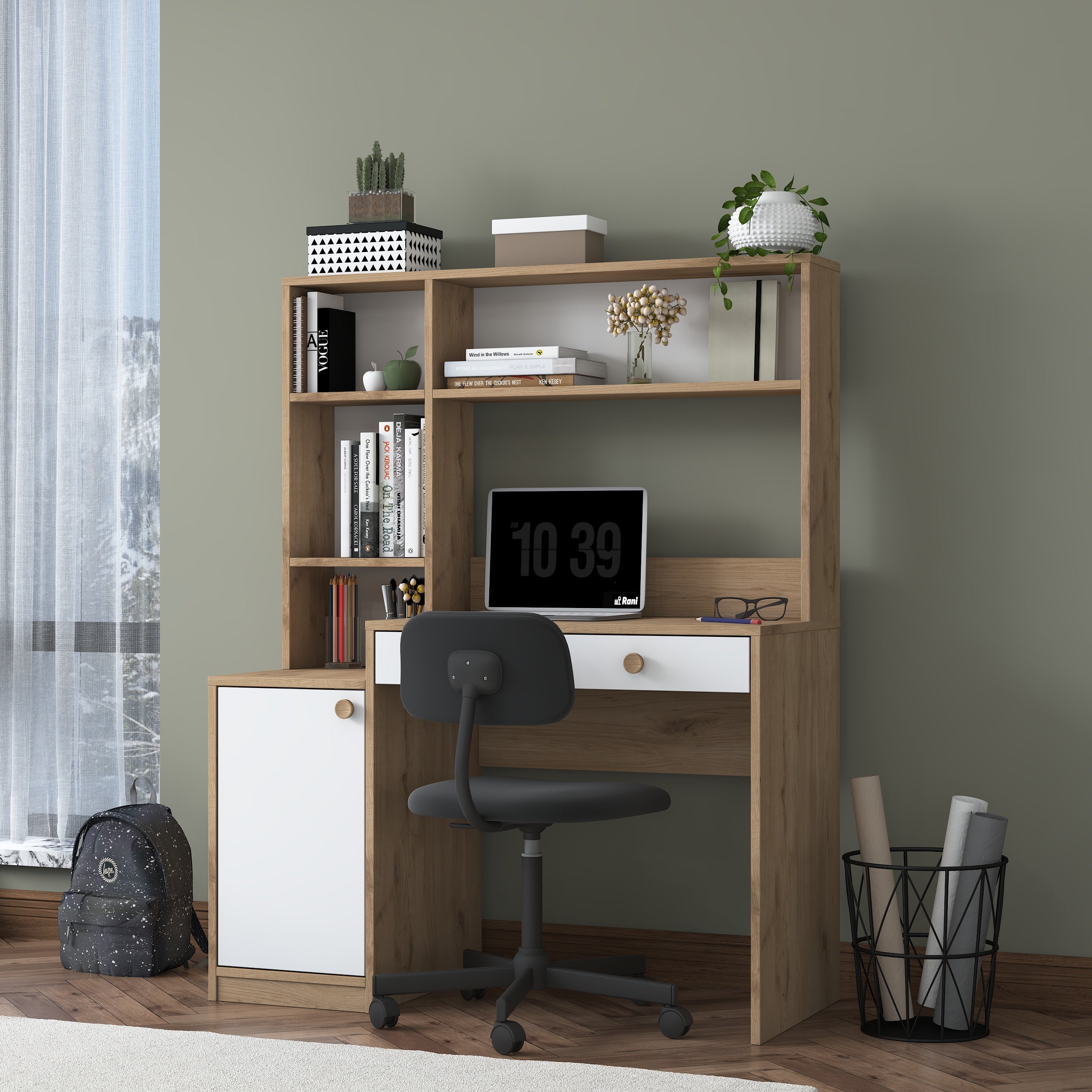 Ev ve ofis kullanımına uygun Rani HA126 çalışma masası, kitaplıklı, raflı, kapaklı ve çekmeceli, sepet ceviz-beyaz