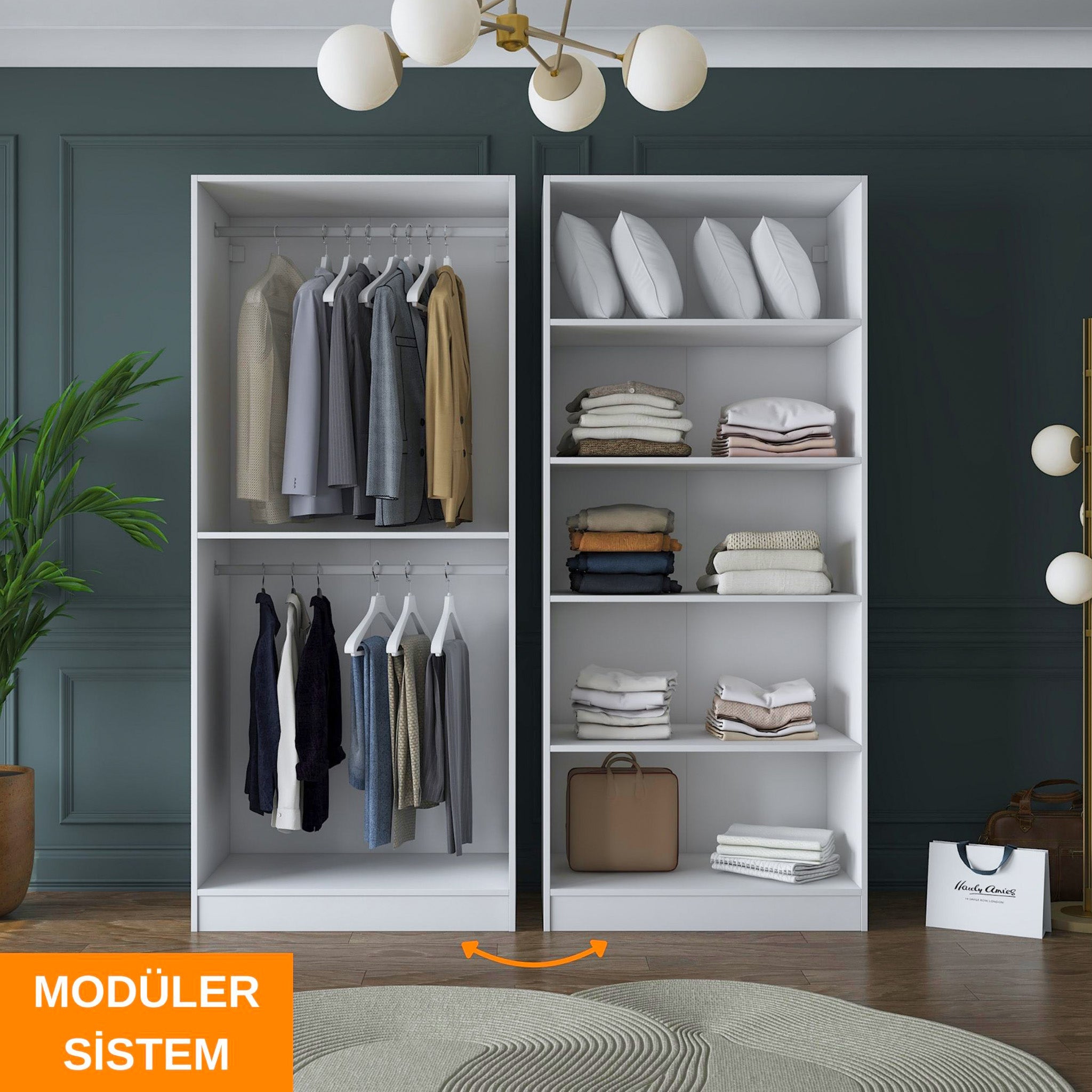 Rani BA156 Geniş Gardırop Elbise Dolabı 4 Kapaklı 6 Raflı 2 Askılı Modüler Dolap Beyaz