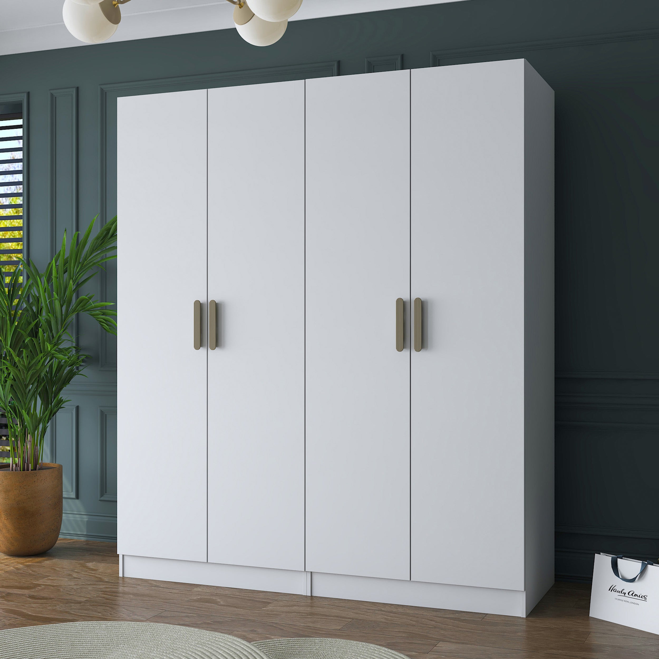 Rani BA156 Geniş Gardırop Elbise Dolabı 4 Kapaklı 6 Raflı 2 Askılı Modüler Dolap Beyaz