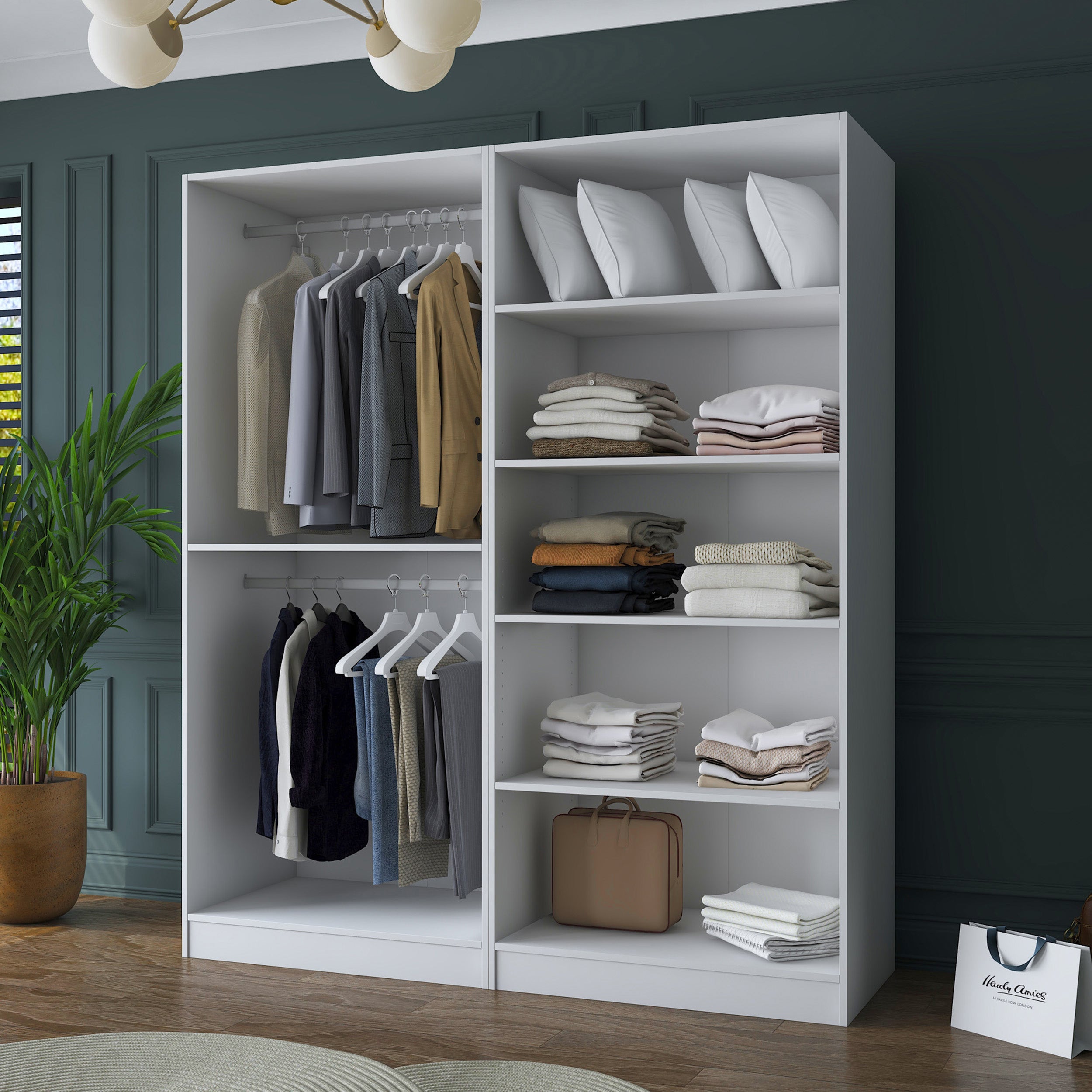 Rani BA156 Geniş Gardırop Elbise Dolabı 4 Kapaklı 6 Raflı 2 Askılı Modüler Dolap Beyaz