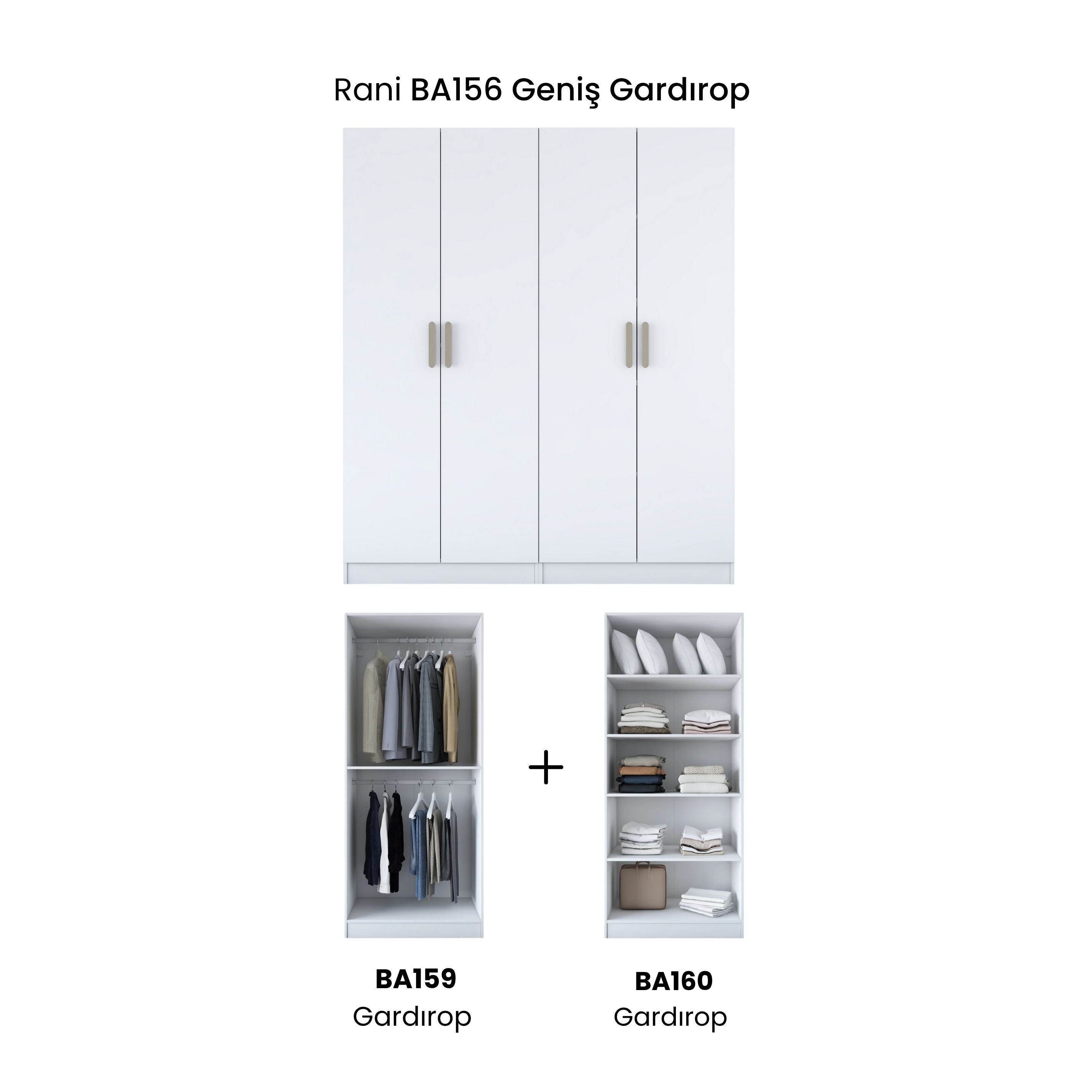 Rani BA156 Geniş Gardırop Elbise Dolabı 4 Kapaklı 5 Raflı 2 Askılı Modüler Dolap Beyaz