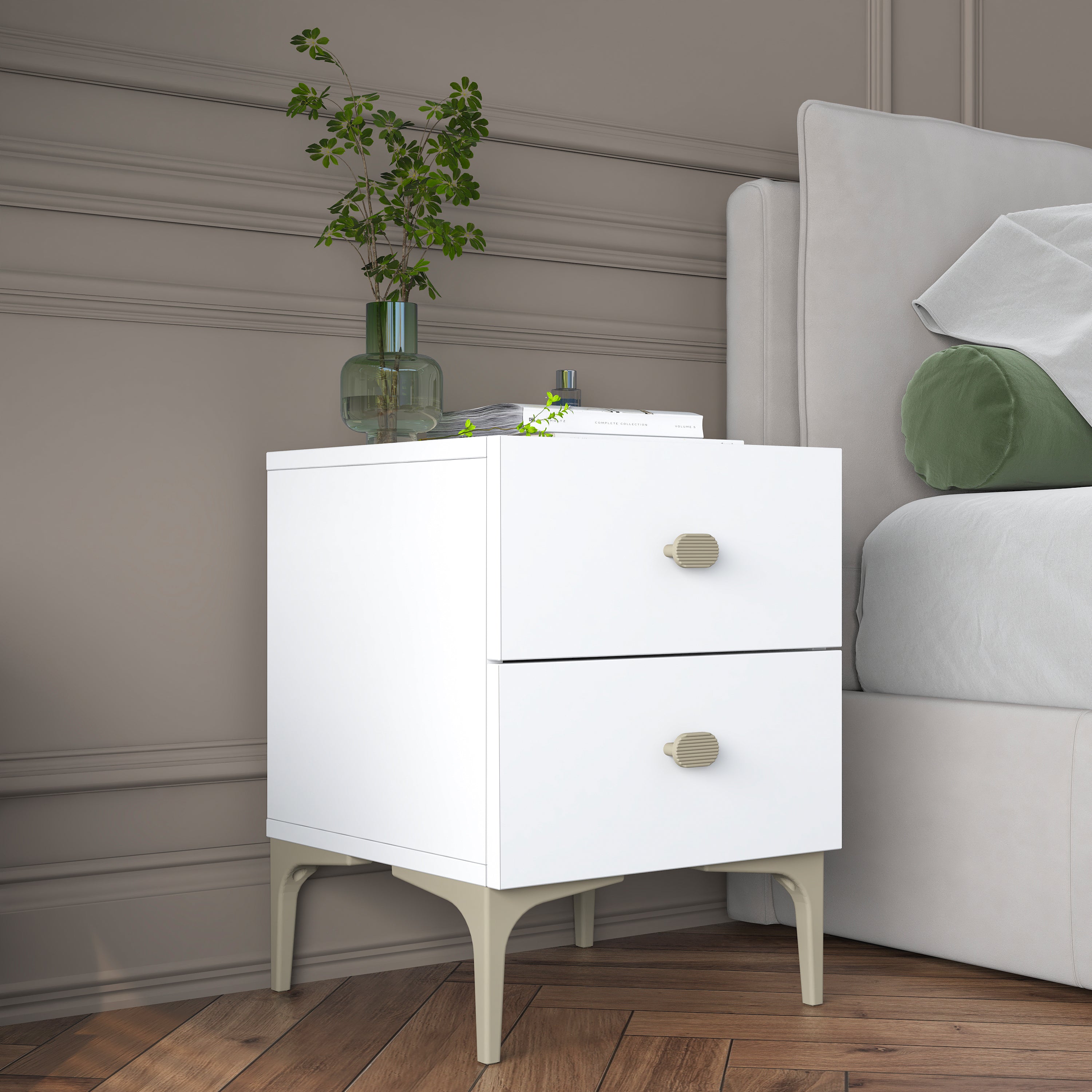 Rani BD110 Modern Komodin 2 Çekmeceli Ayaklı Yatak Odası Beyaz