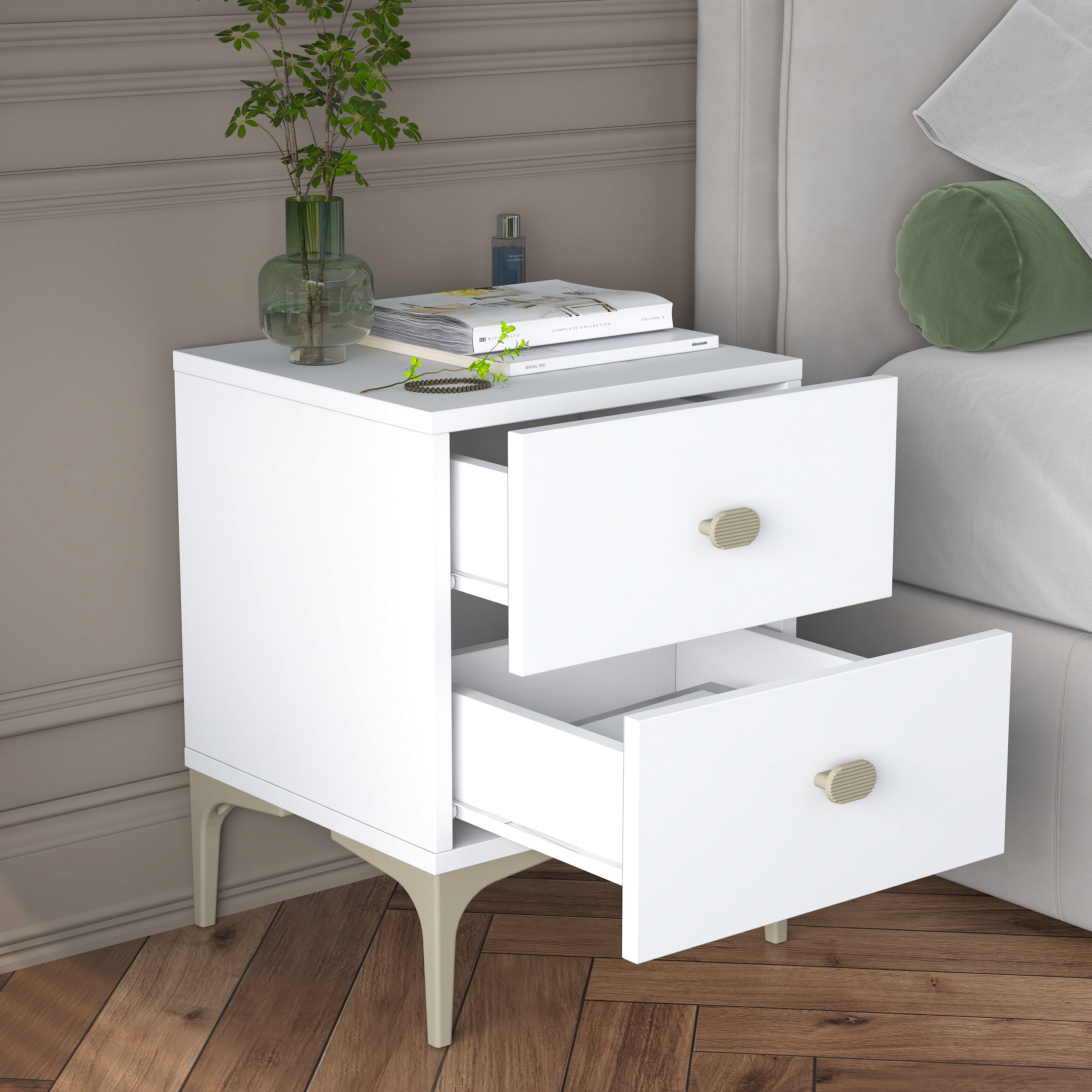 Rani BD110 Modern Komodin 2 Çekmeceli Ayaklı Yatak Odası Beyaz