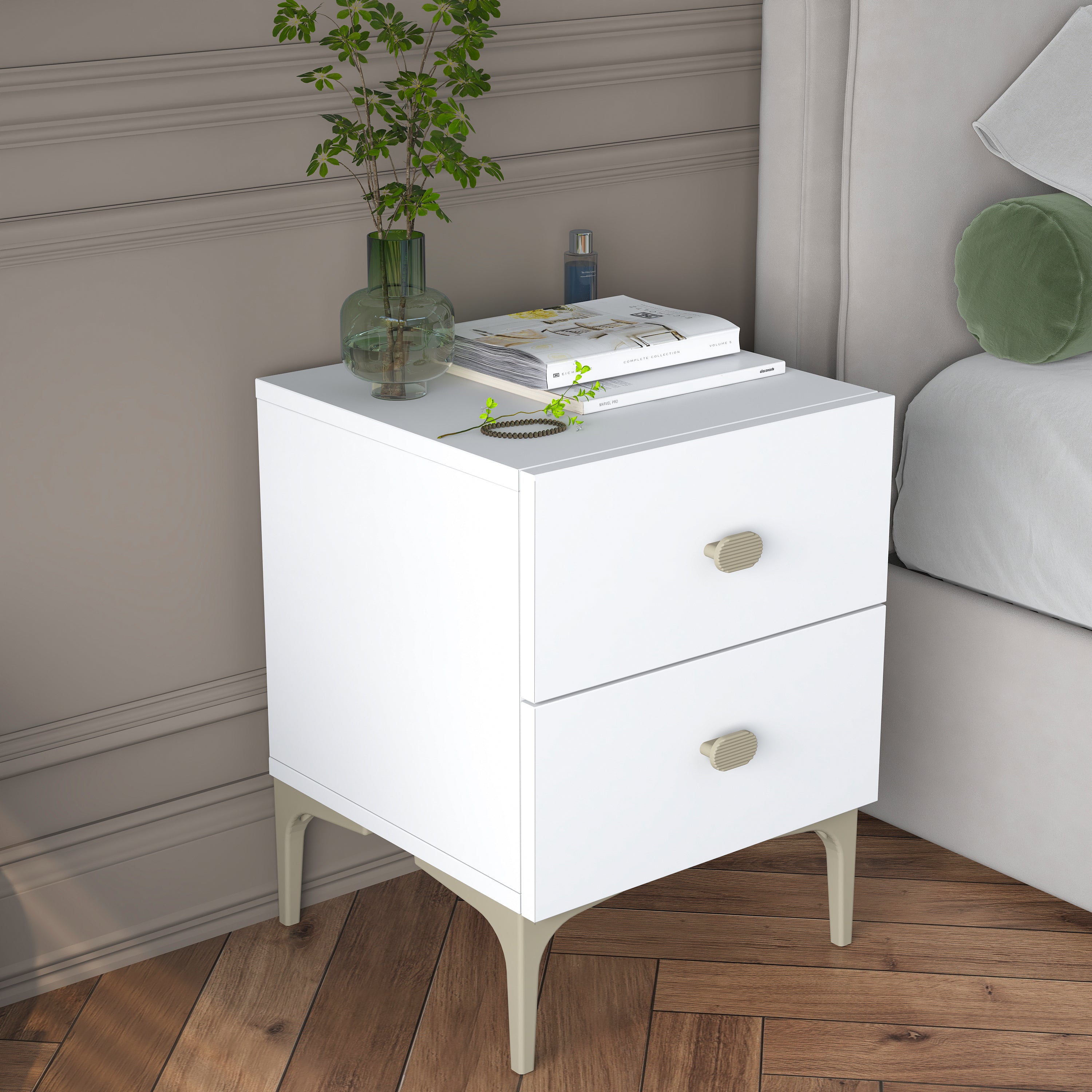 Rani BD110 Modern Komodin 2 Çekmeceli Ayaklı Yatak Odası Beyaz