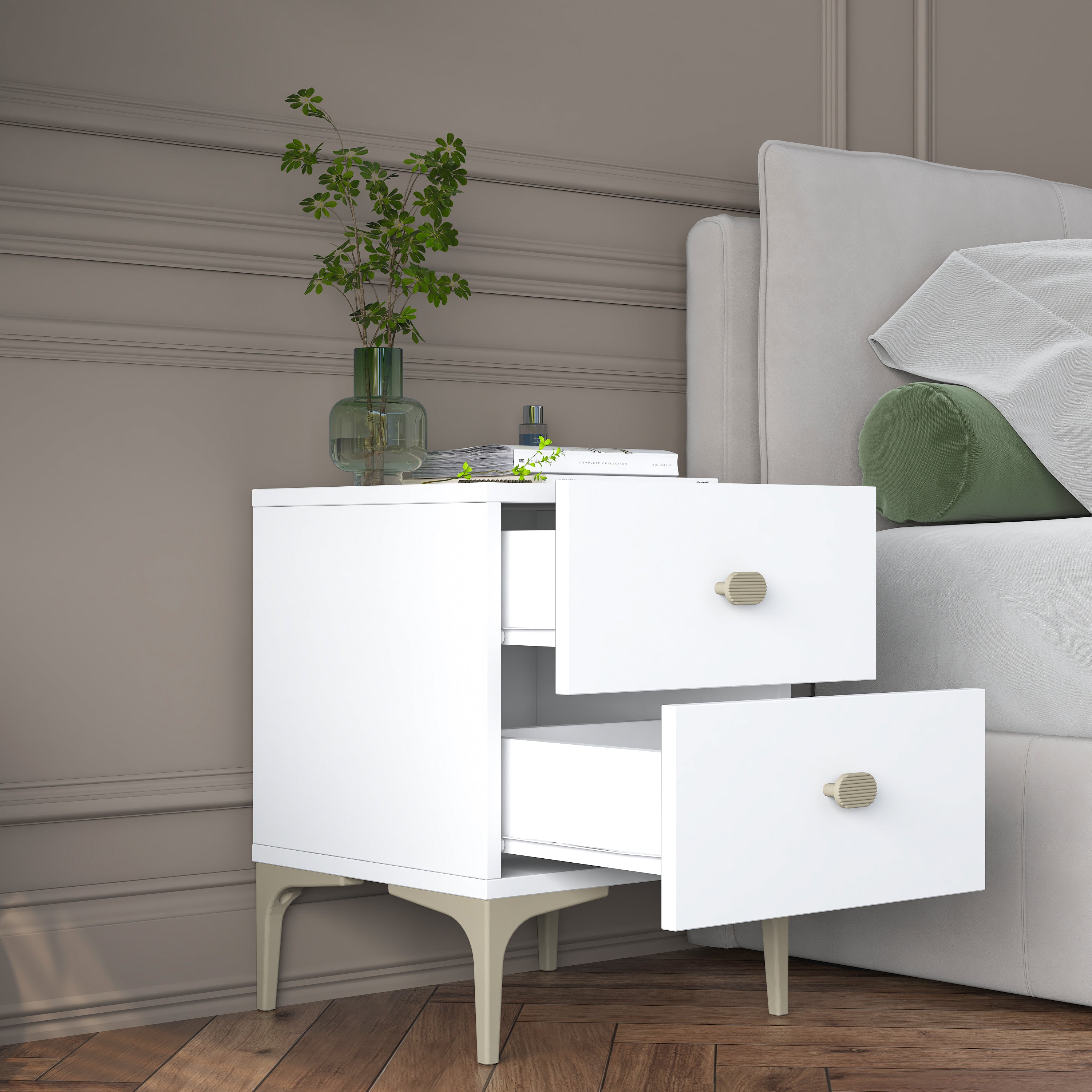 Rani BD110 Modern Komodin 2 Çekmeceli Ayaklı Yatak Odası Beyaz