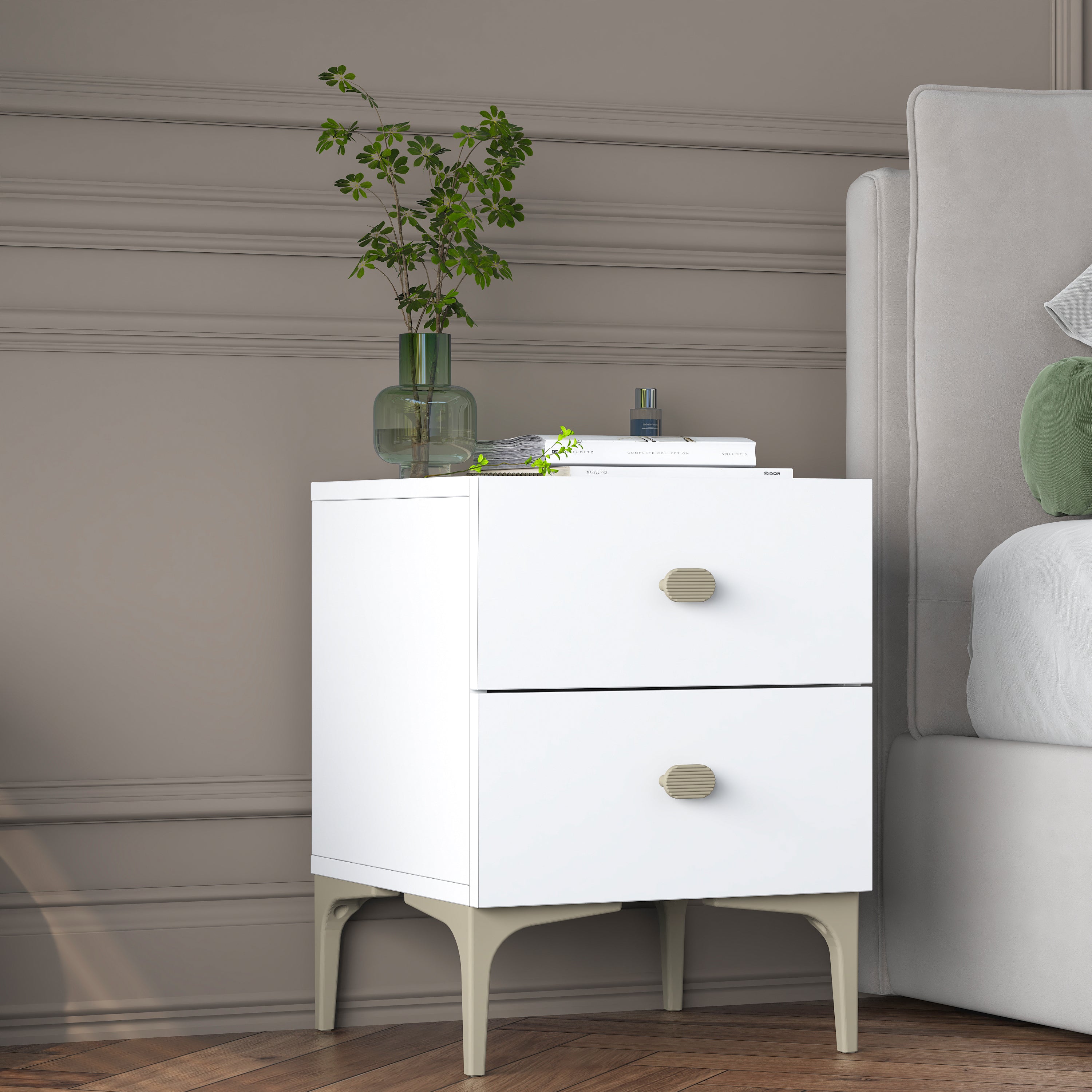 Rani BD110 Modern Komodin 2 Çekmeceli Ayaklı Yatak Odası Beyaz