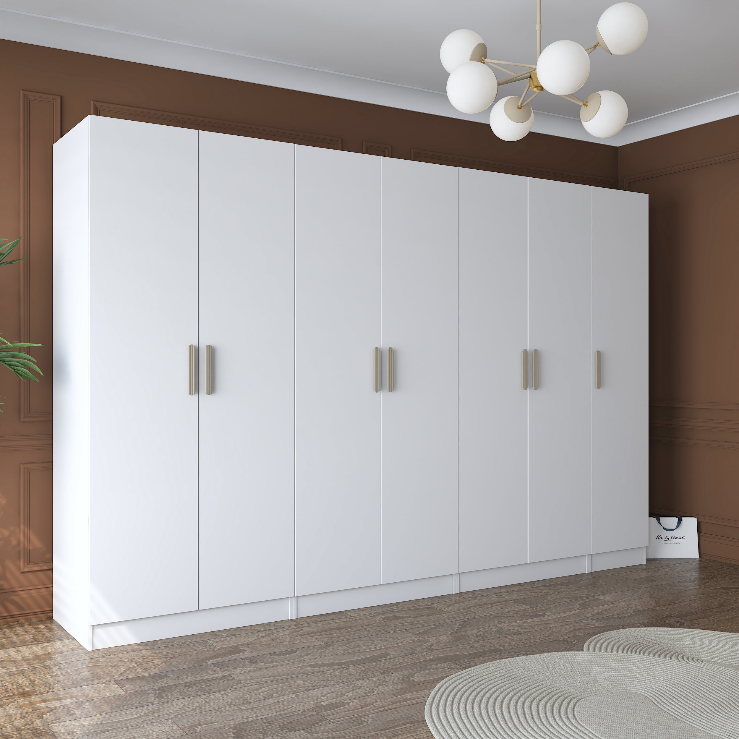 Rani BA153 Geniş Gardırop Elbise Dolabı 7 Kapaklı 13 Raflı 3 Askılı Modüler Dolap Beyaz