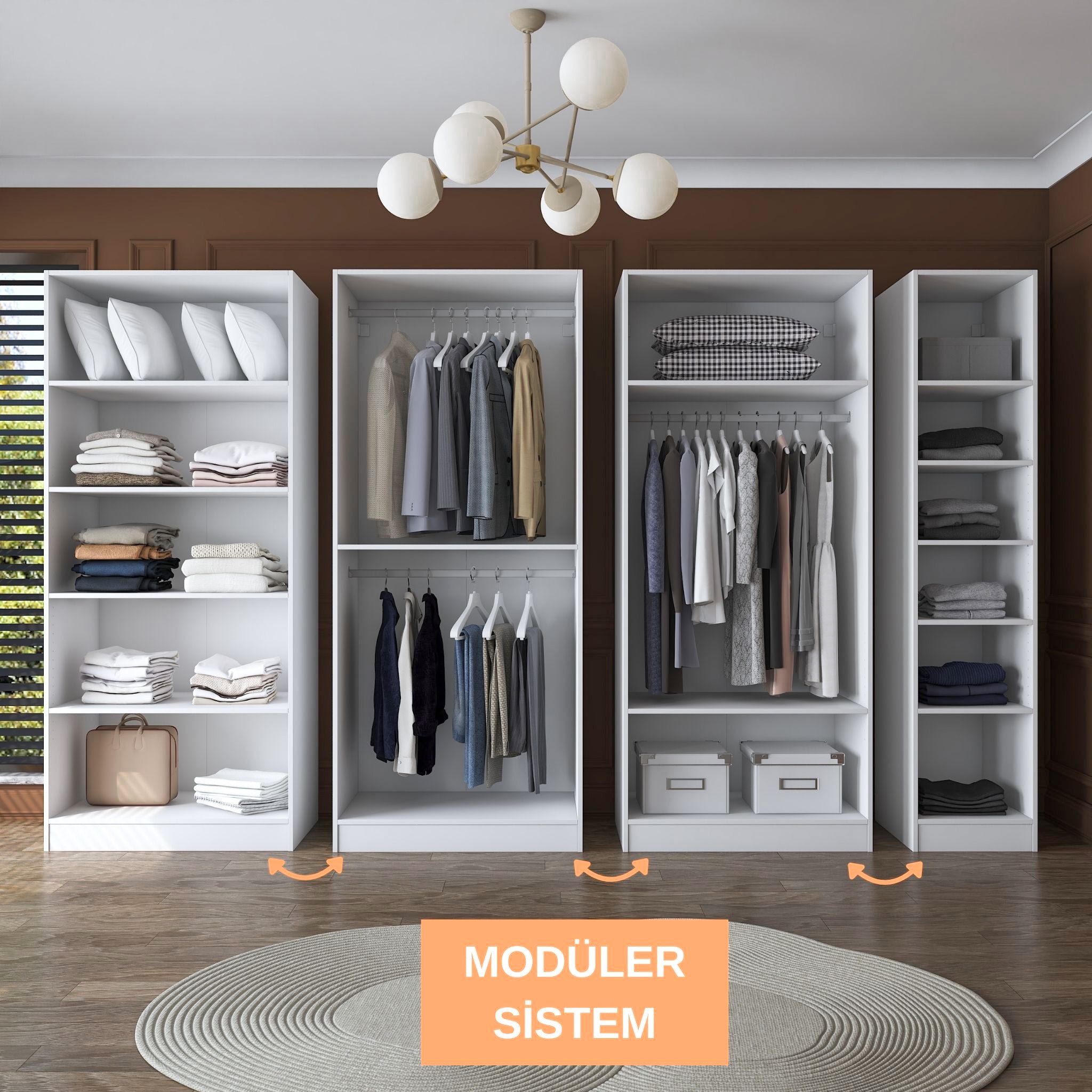 Rani BA153 Geniş Gardırop Elbise Dolabı 7 Kapaklı 13 Raflı 3 Askılı Modüler Dolap Beyaz