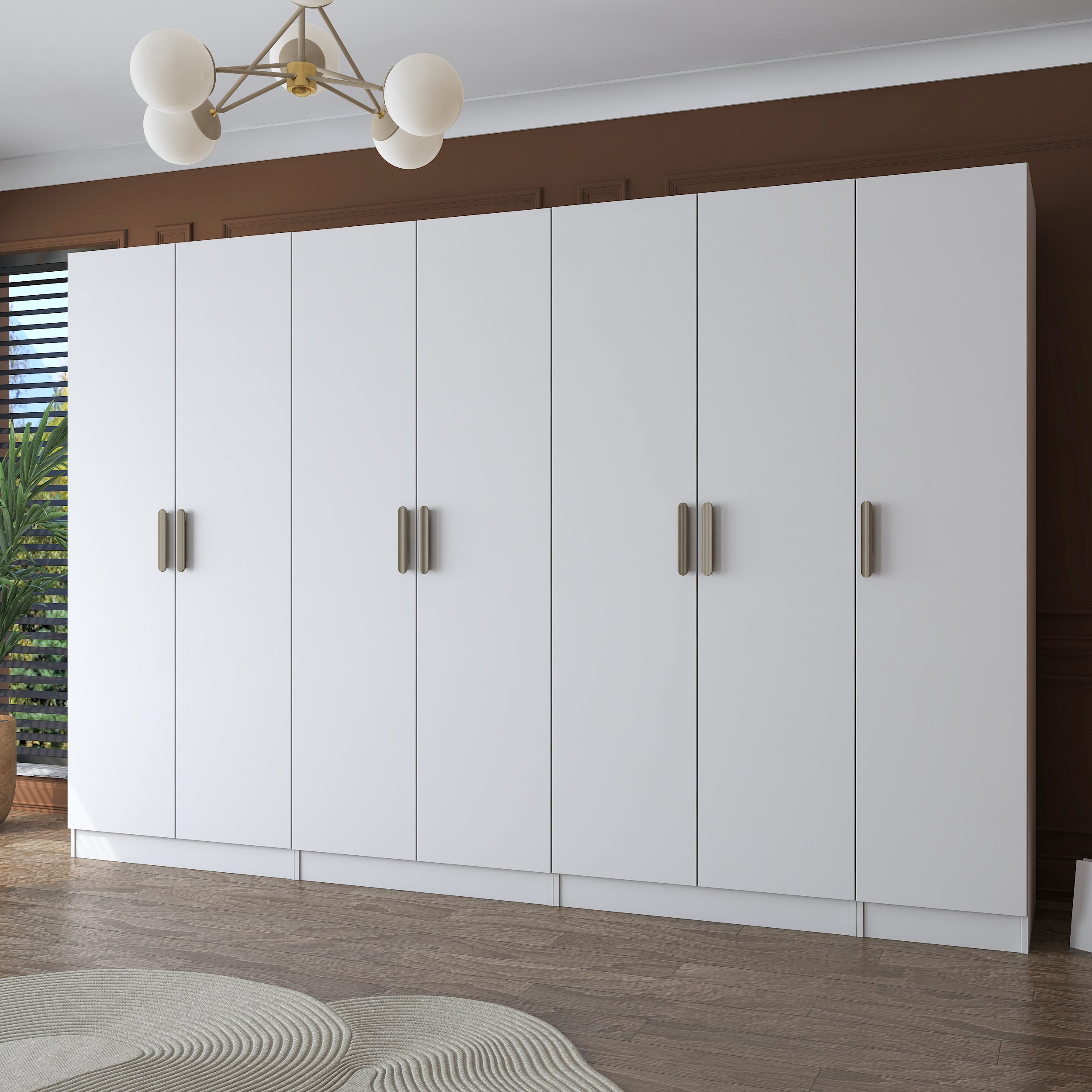 Rani BA153 Geniş Gardırop Elbise Dolabı 7 Kapaklı 13 Raflı 3 Askılı Modüler Dolap Beyaz