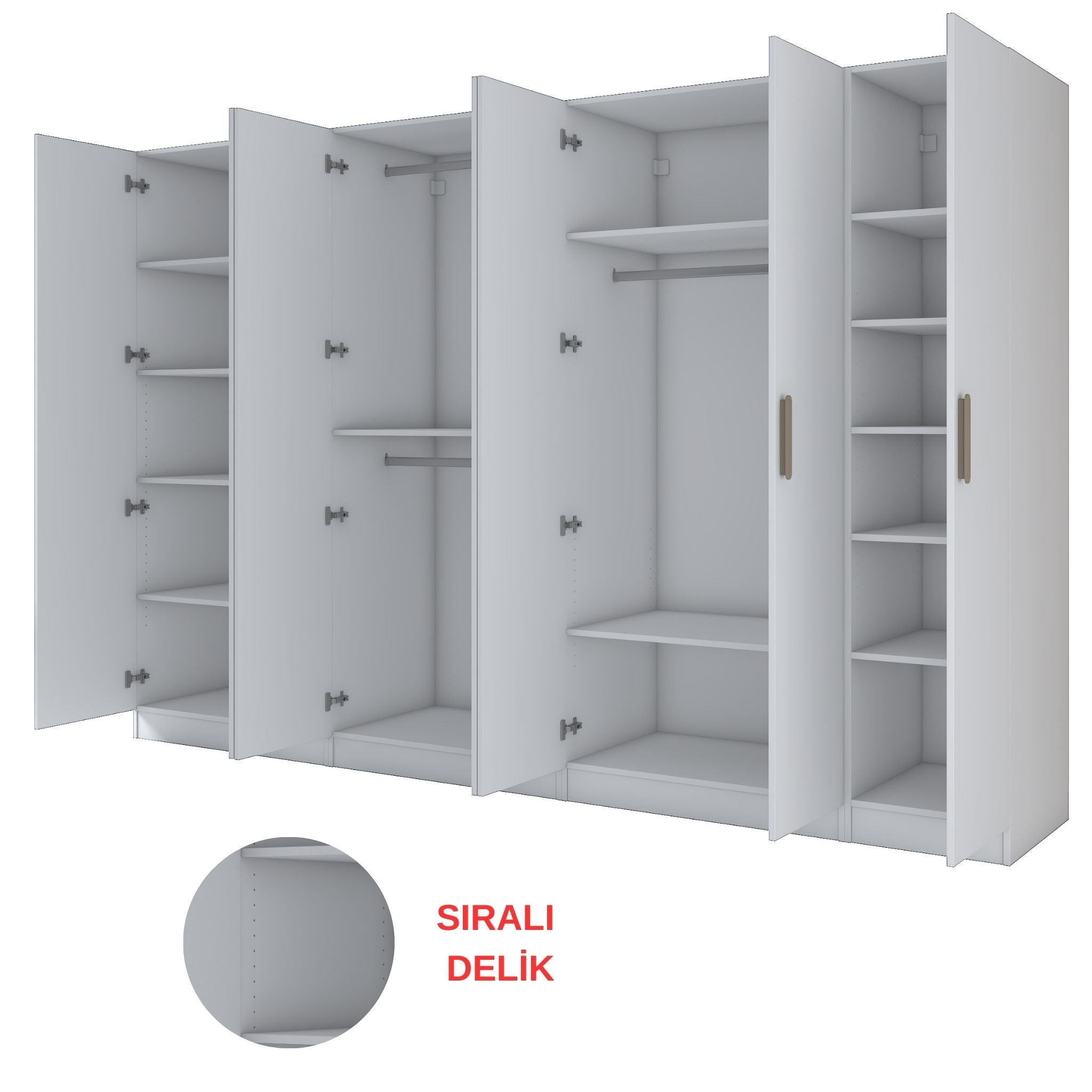 Rani BA153 Geniş Gardırop Elbise Dolabı 7 Kapaklı 13 Raflı 3 Askılı Modüler Dolap Beyaz