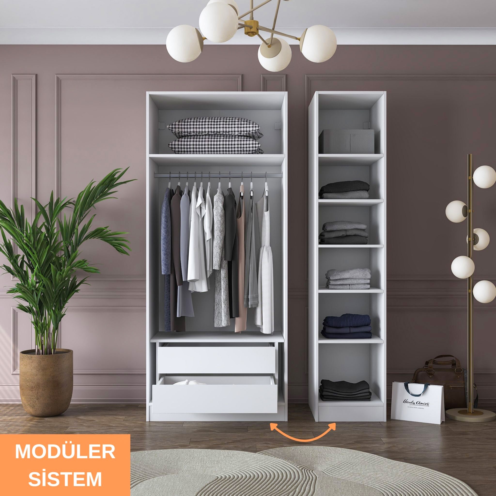 Rani BA155 Gardırop Elbise Dolabı 3 Kapaklı 2 Çekmeceli 8 Raflı Askılı Modüler Dolap Beyaz