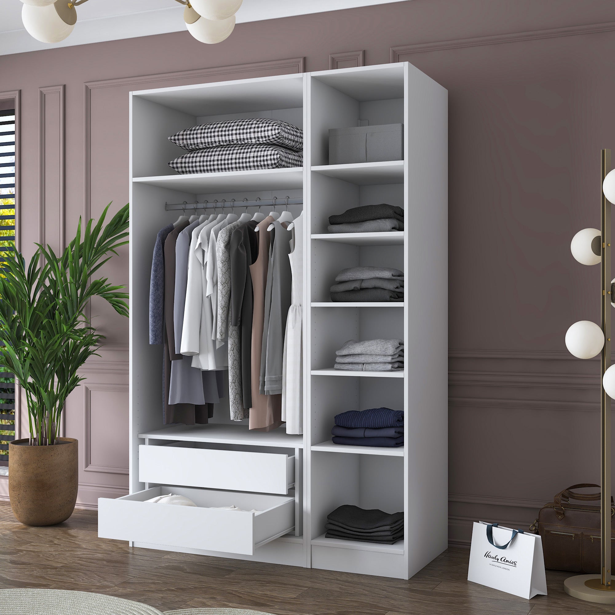 Rani BA155 Gardırop Elbise Dolabı 3 Kapaklı 2 Çekmeceli 8 Raflı Askılı Modüler Dolap Beyaz
