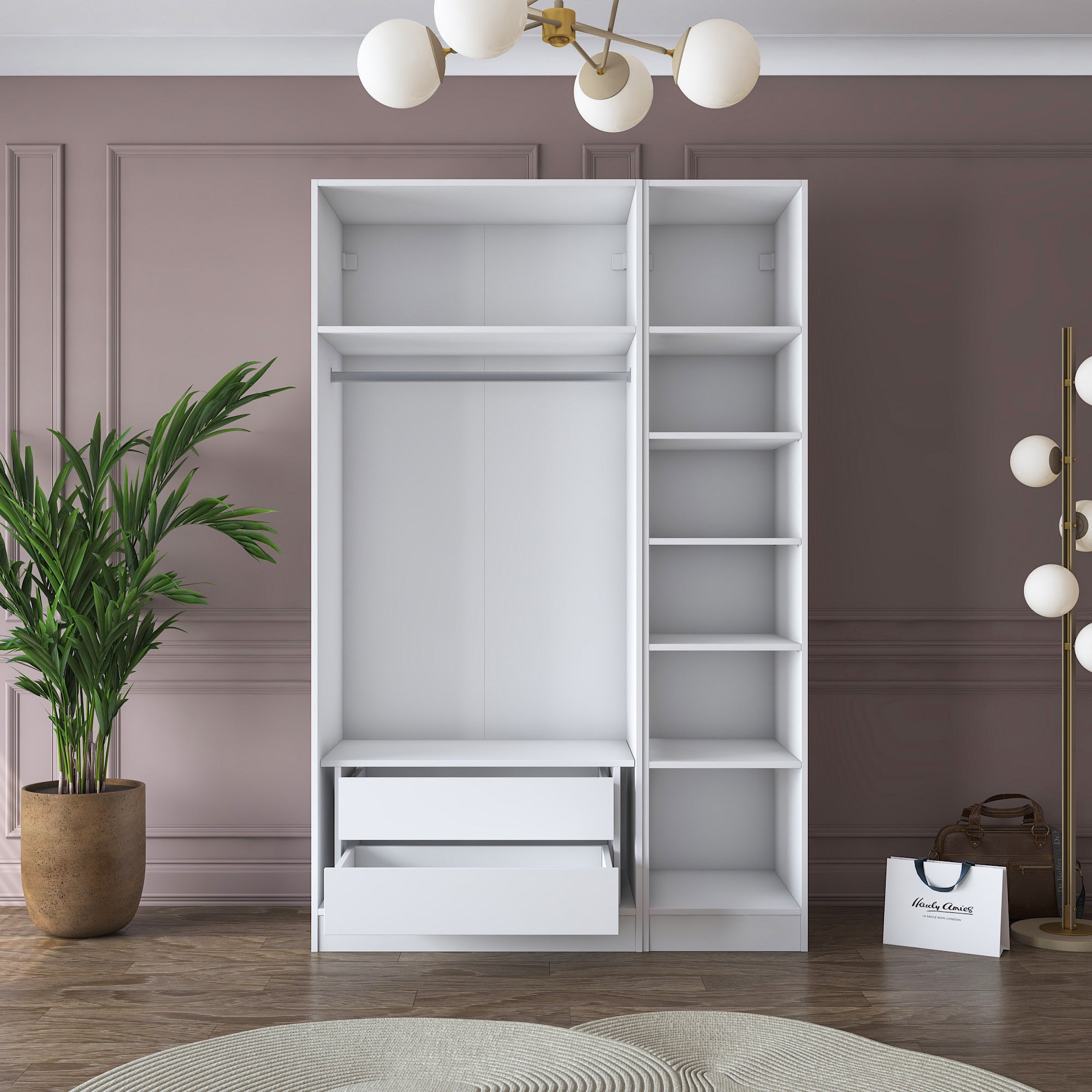 Rani BA155 Gardırop Elbise Dolabı 3 Kapaklı 2 Çekmeceli 8 Raflı Askılı Modüler Dolap Beyaz