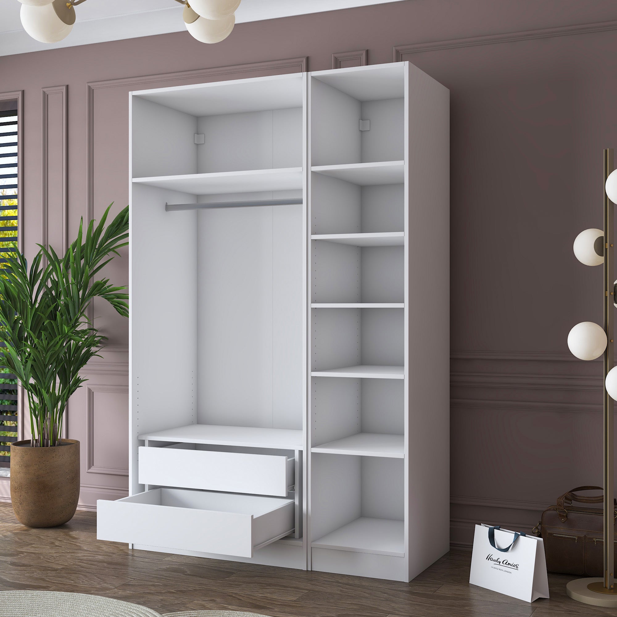 Rani BA155 Gardırop Elbise Dolabı 3 Kapaklı 2 Çekmeceli 8 Raflı Askılı Modüler Dolap Beyaz