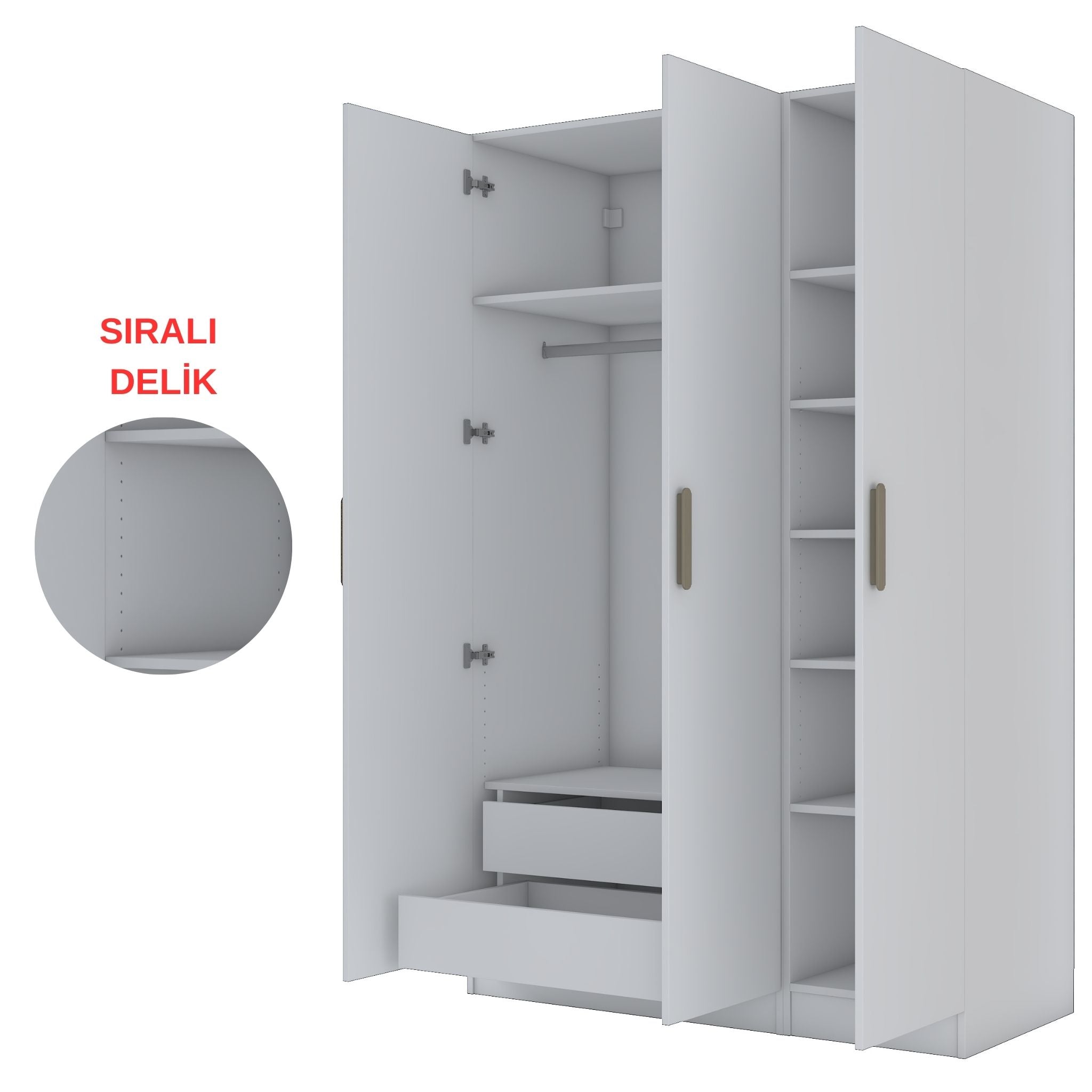Rani BA155 Gardırop Elbise Dolabı 3 Kapaklı 2 Çekmeceli 8 Raflı Askılı Modüler Dolap Beyaz