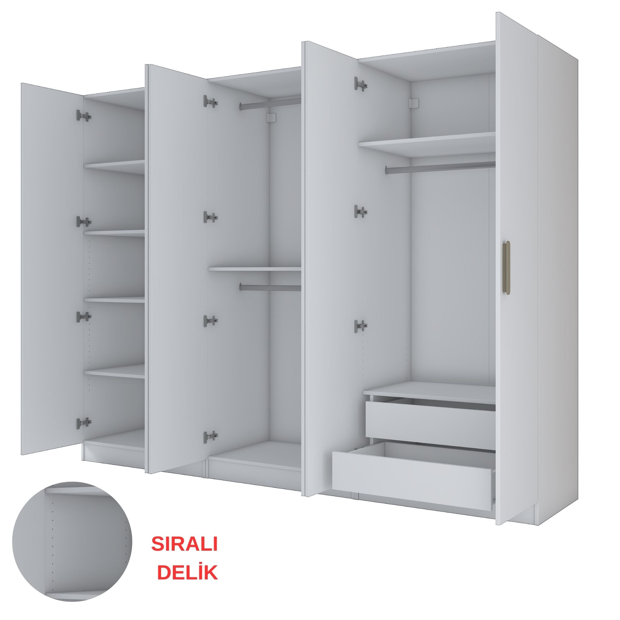 Rani BA158 Geniş Gardırop Elbise Dolabı 6 Kapaklı 2 Çekmeceli 6 Raflı 3 Askılı Modüler Dolap Beyaz