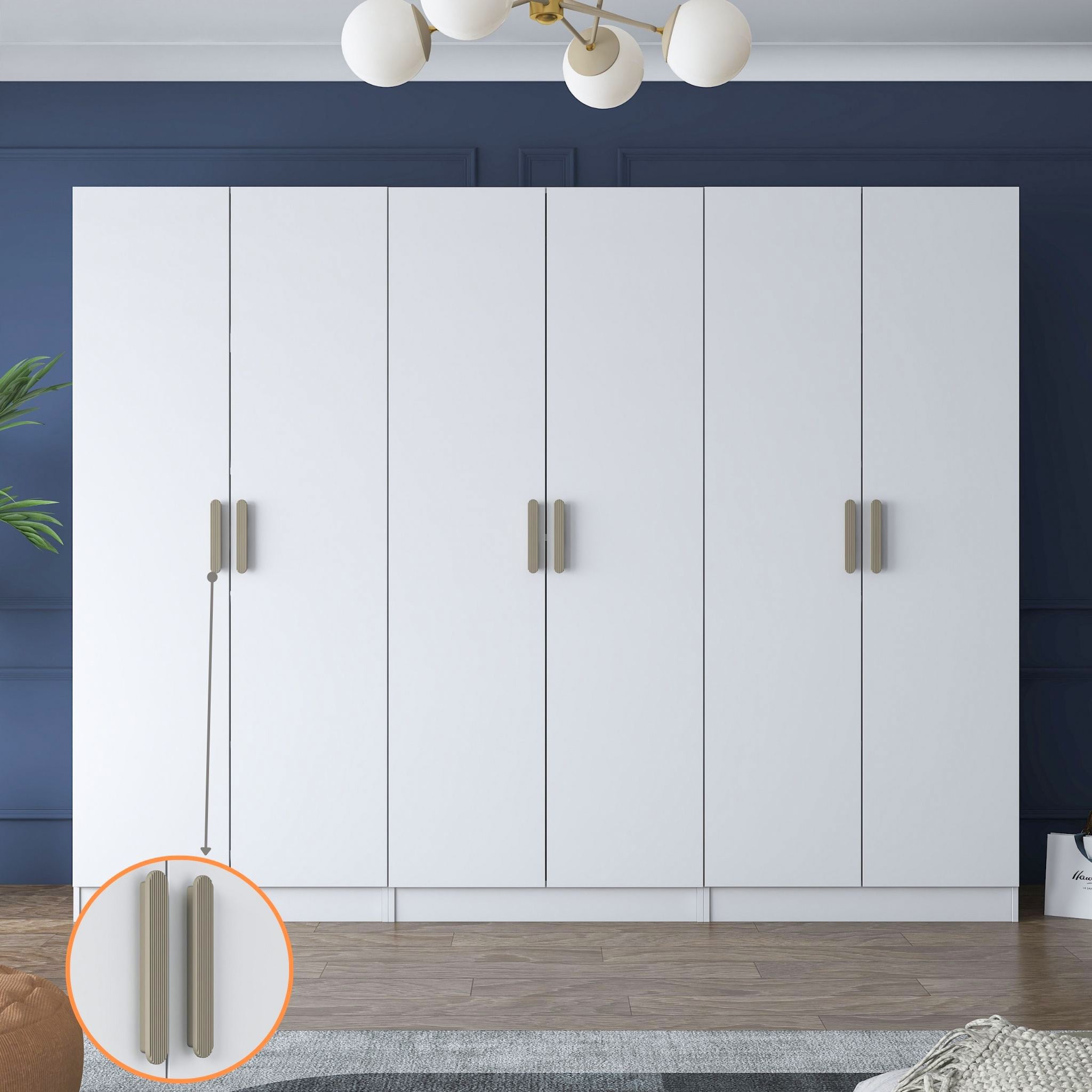 Rani BA158 Geniş Gardırop Elbise Dolabı 6 Kapaklı 2 Çekmeceli 6 Raflı 3 Askılı Modüler Dolap Beyaz