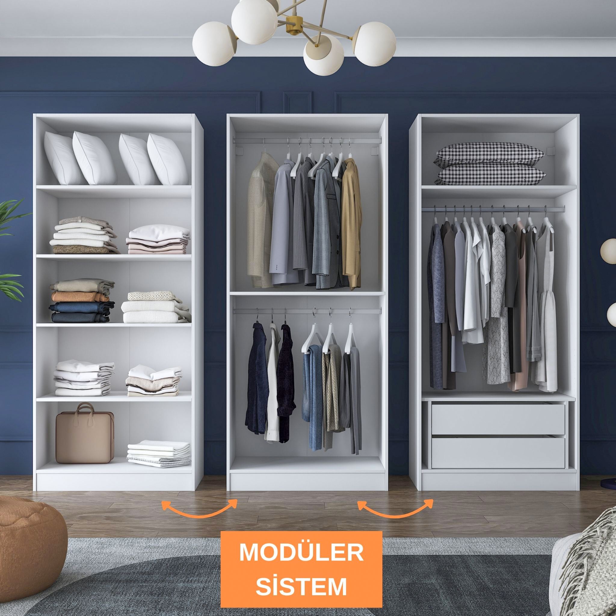 Rani BA158 Geniş Gardırop Elbise Dolabı 6 Kapaklı 2 Çekmeceli 6 Raflı 3 Askılı Modüler Dolap Beyaz