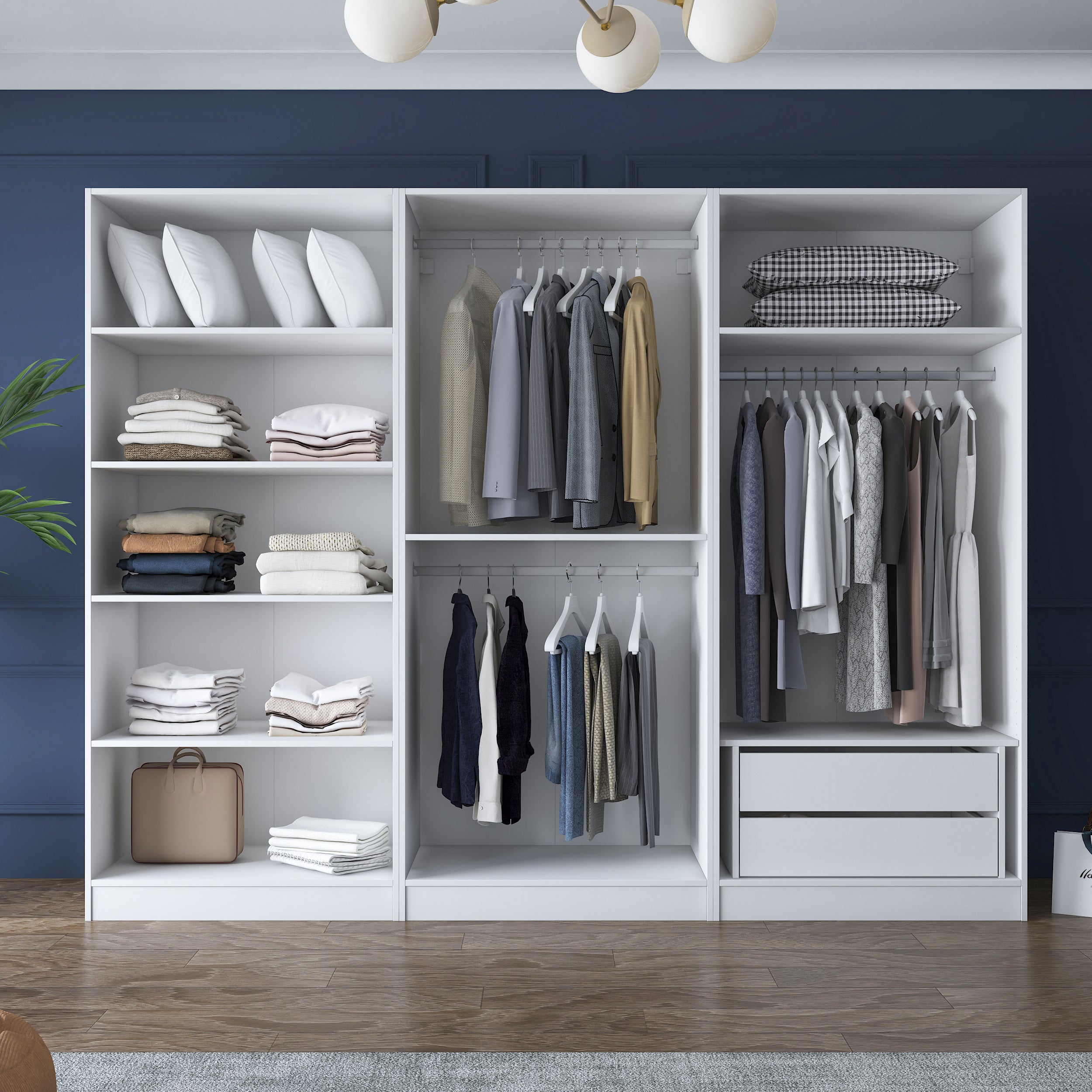 Rani BA158 Geniş Gardırop Elbise Dolabı 6 Kapaklı 2 Çekmeceli 6 Raflı 3 Askılı Modüler Dolap Beyaz