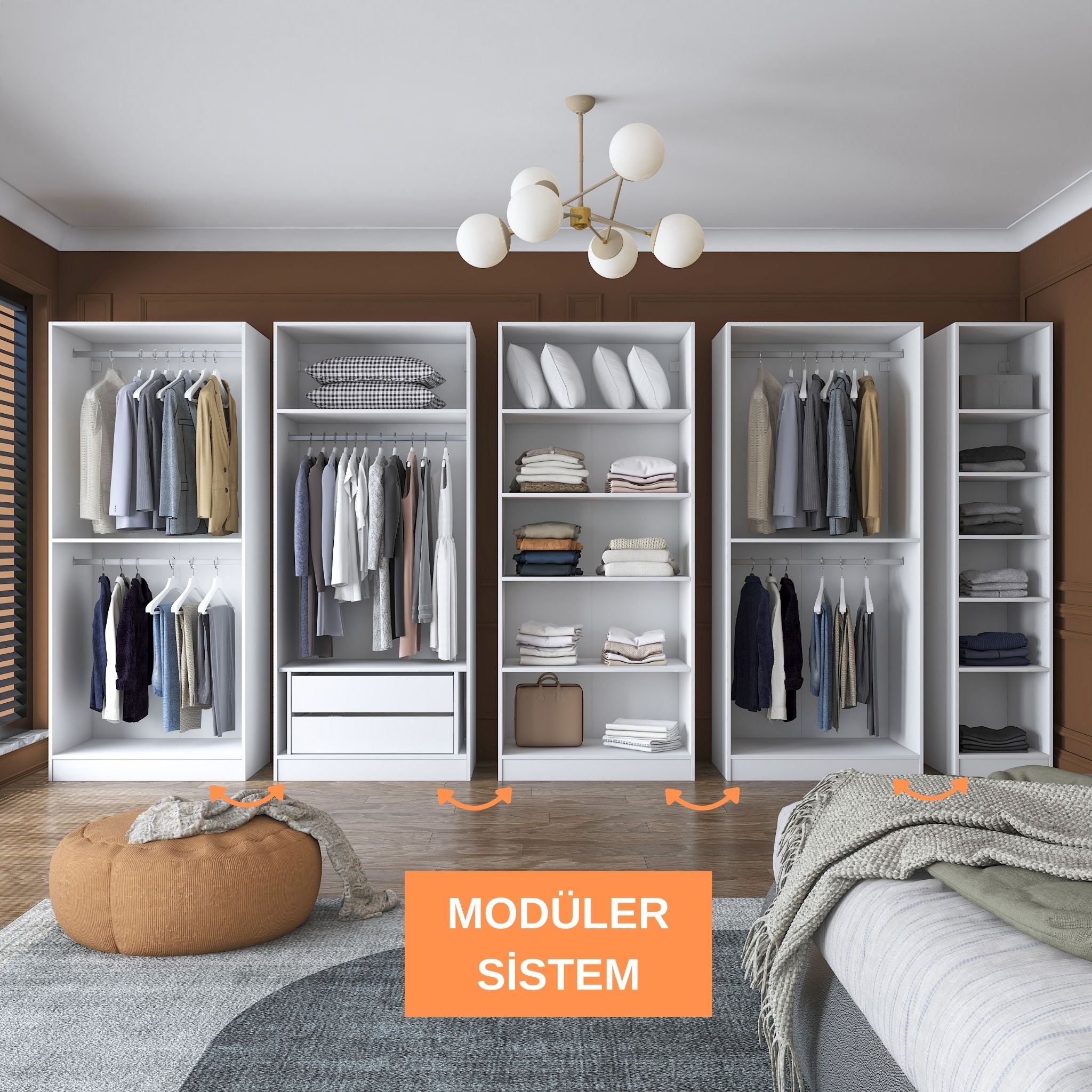 Rani BA154 Geniş Gardırop Elbise Dolabı 9 Kapaklı 2 Çekmeceli 14 Raflı 5 Askılı Modüler Dolap Beyaz