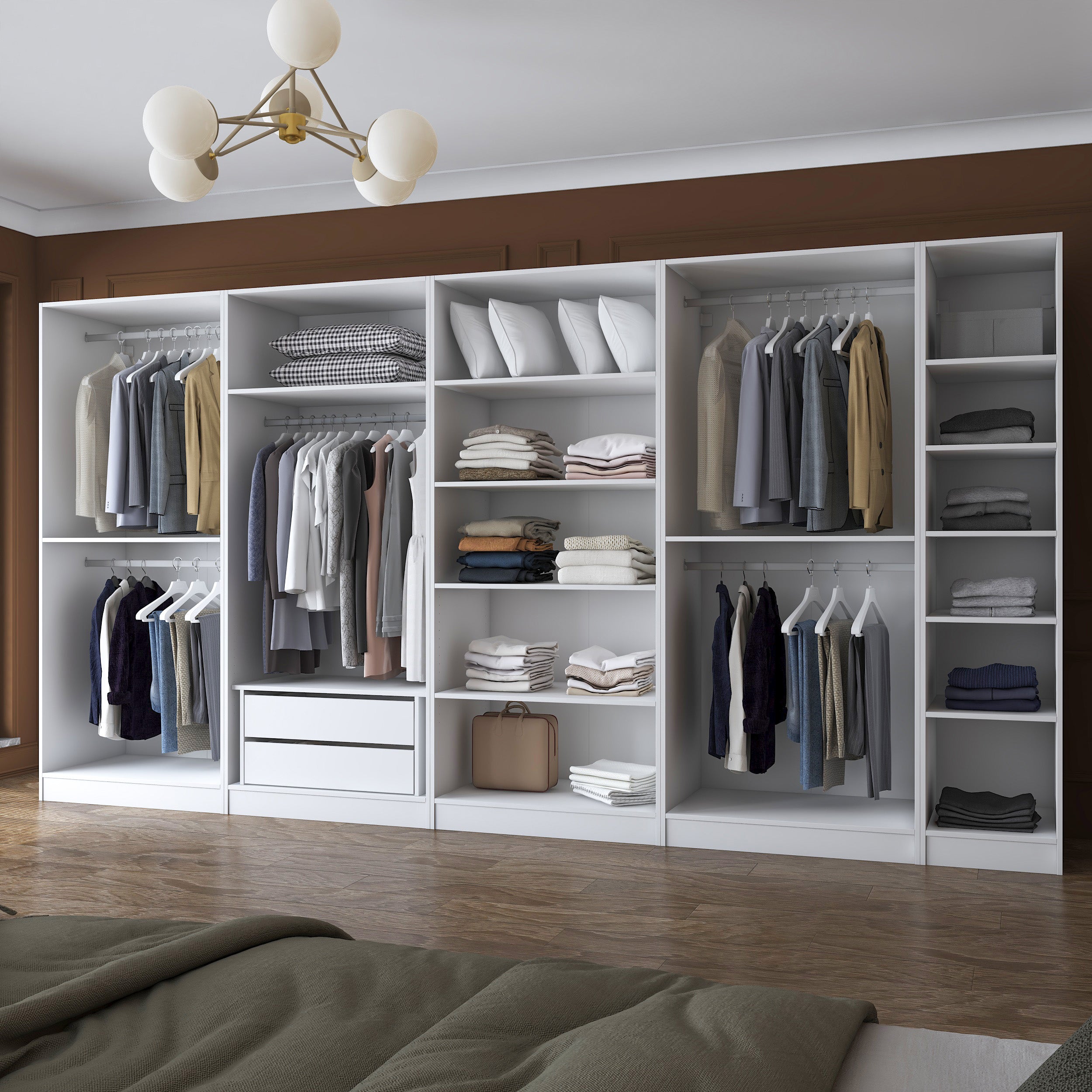 Rani BA154 Geniş Gardırop Elbise Dolabı 9 Kapaklı 2 Çekmeceli 14 Raflı 5 Askılı Modüler Dolap Beyaz