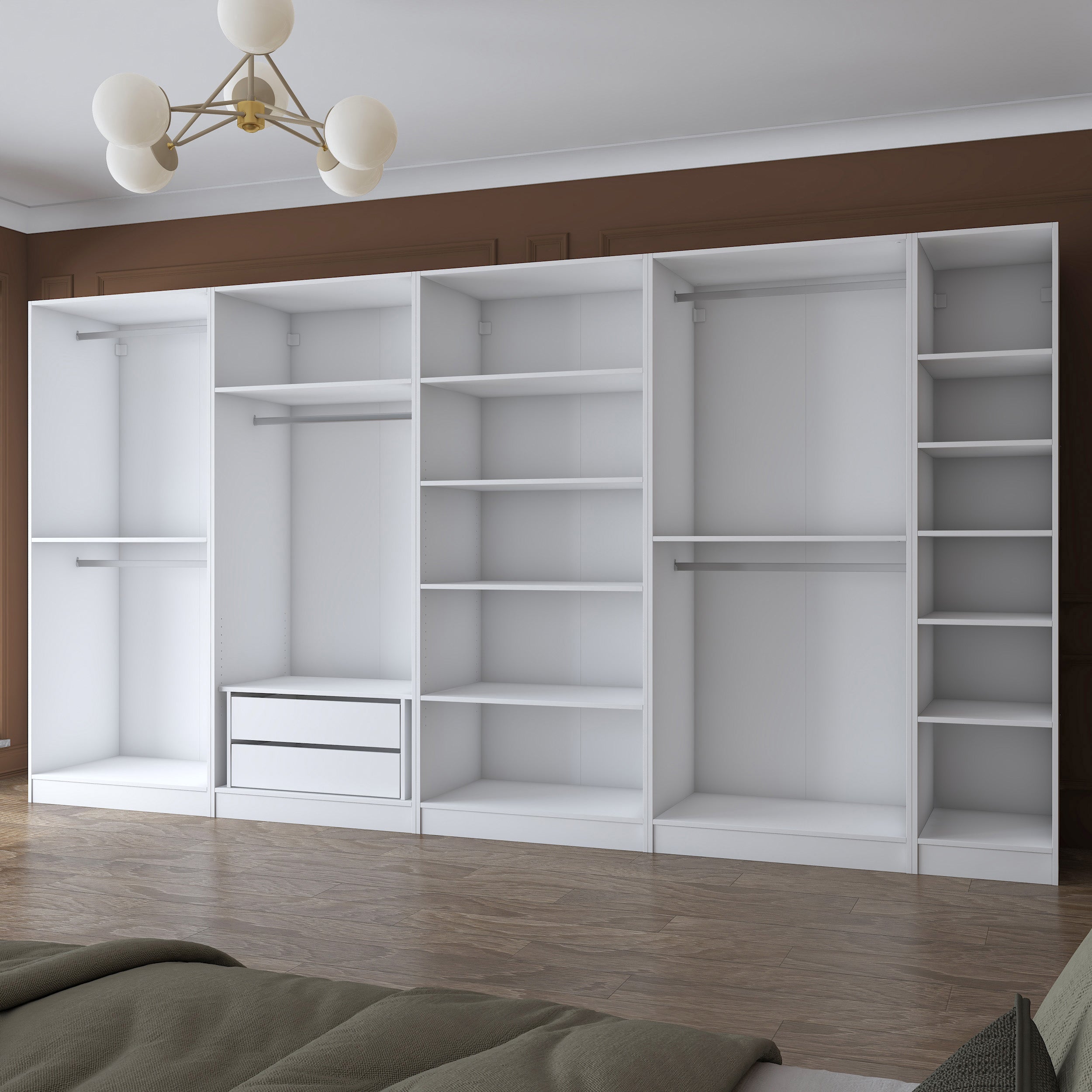 Rani BA154 Geniş Gardırop Elbise Dolabı 9 Kapaklı 2 Çekmeceli 14 Raflı 5 Askılı Modüler Dolap Beyaz