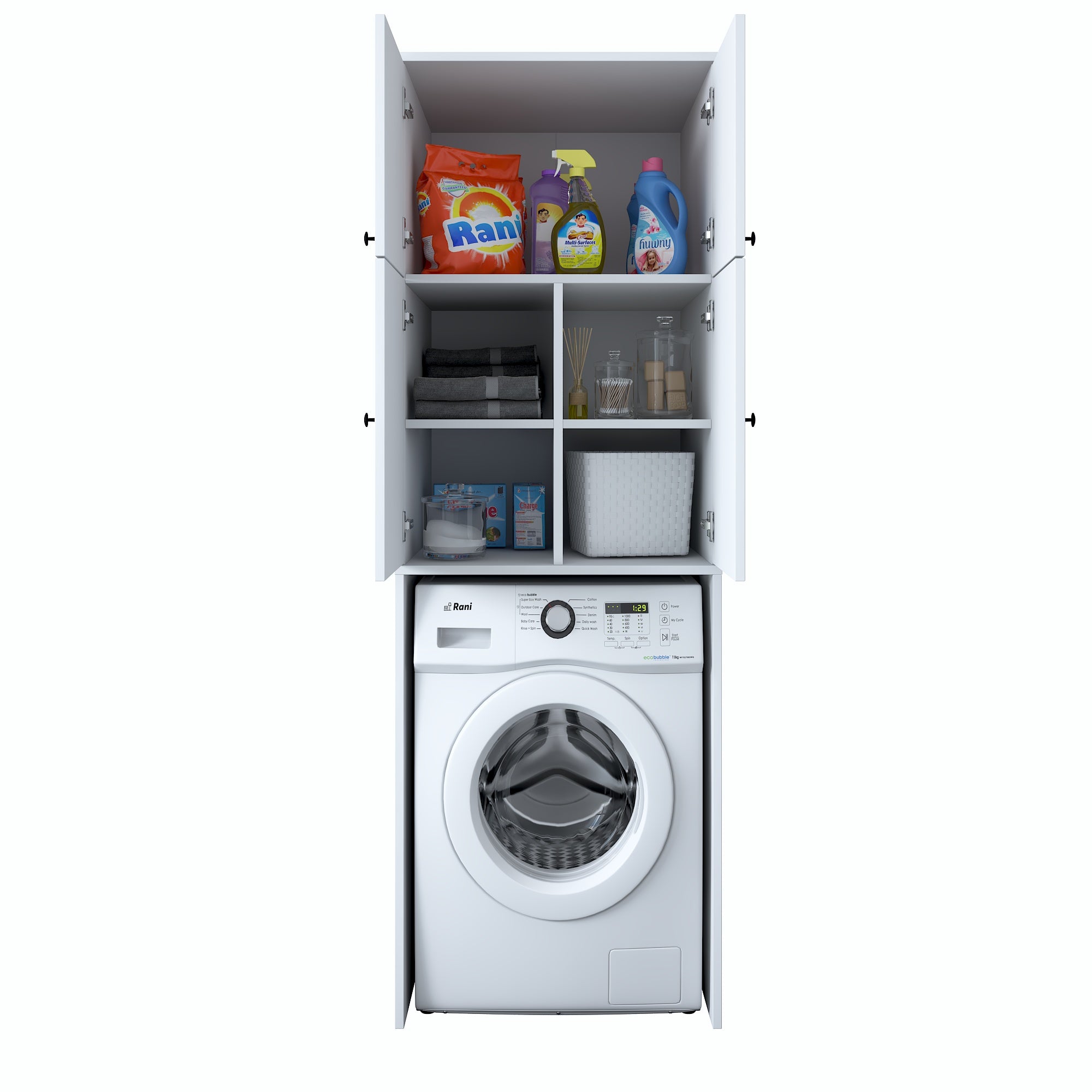 Rani KD114 beyaz çamaşır makinesi dolabı, 4 kapaklı, 5 raflı banyo dolabı, düzenli ve fonksiyonel depolama için ideal