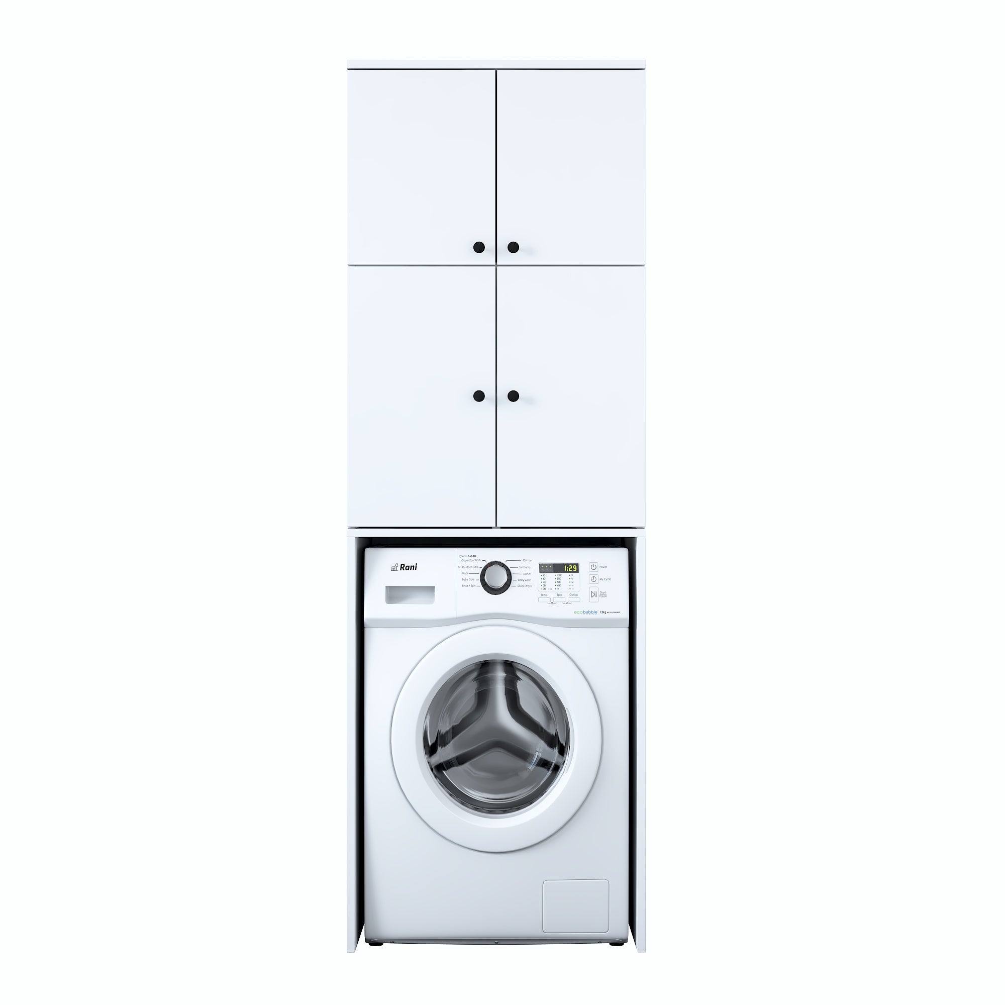 Rani KD114 beyaz çamaşır makinesi dolabı, 4 kapaklı, 5 raflı banyo dolabı, düzenli ve fonksiyonel depolama için ideal