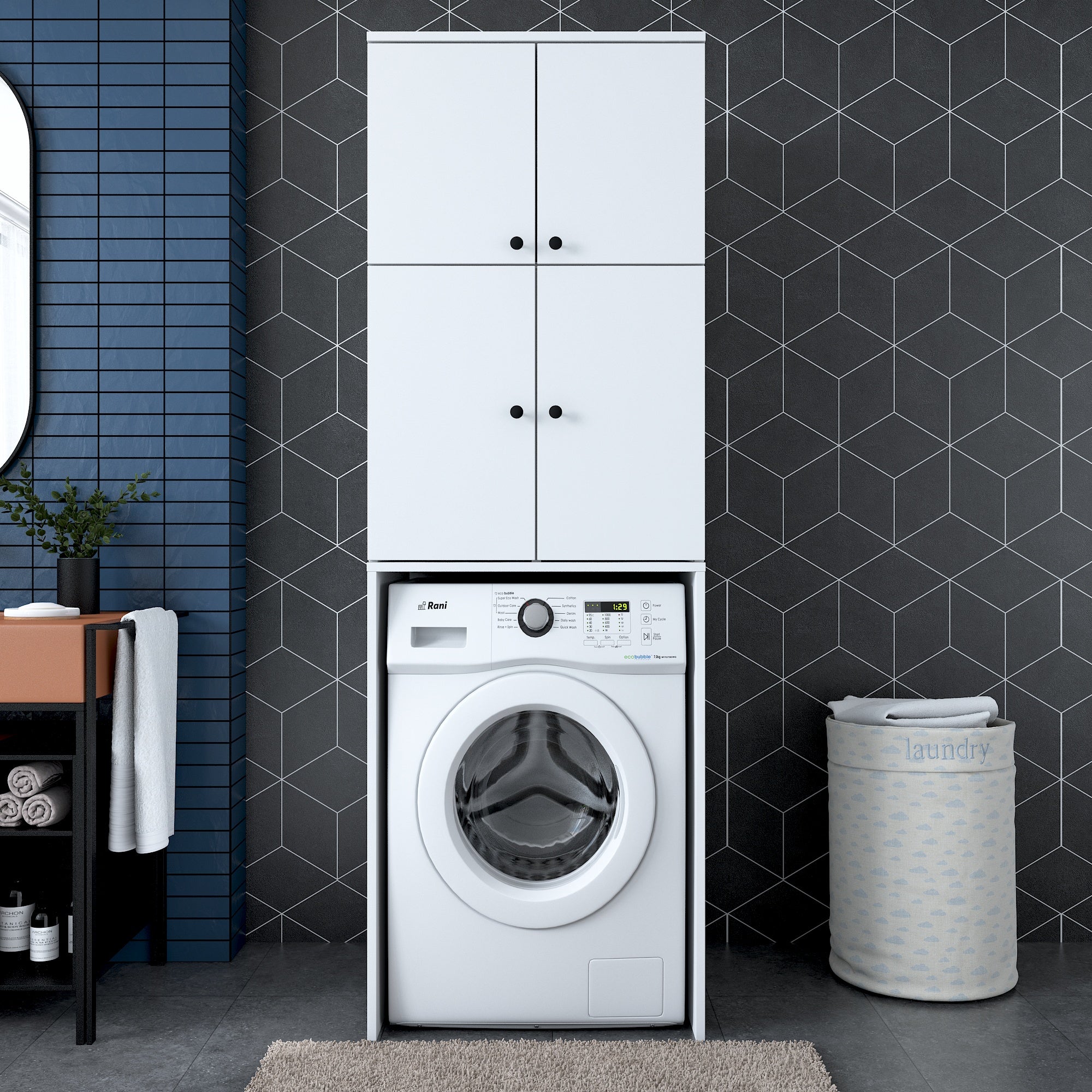 Rani KD114 beyaz çamaşır makinesi dolabı, 4 kapaklı, 5 raflı banyo dolabı, düzenli ve fonksiyonel depolama için ideal