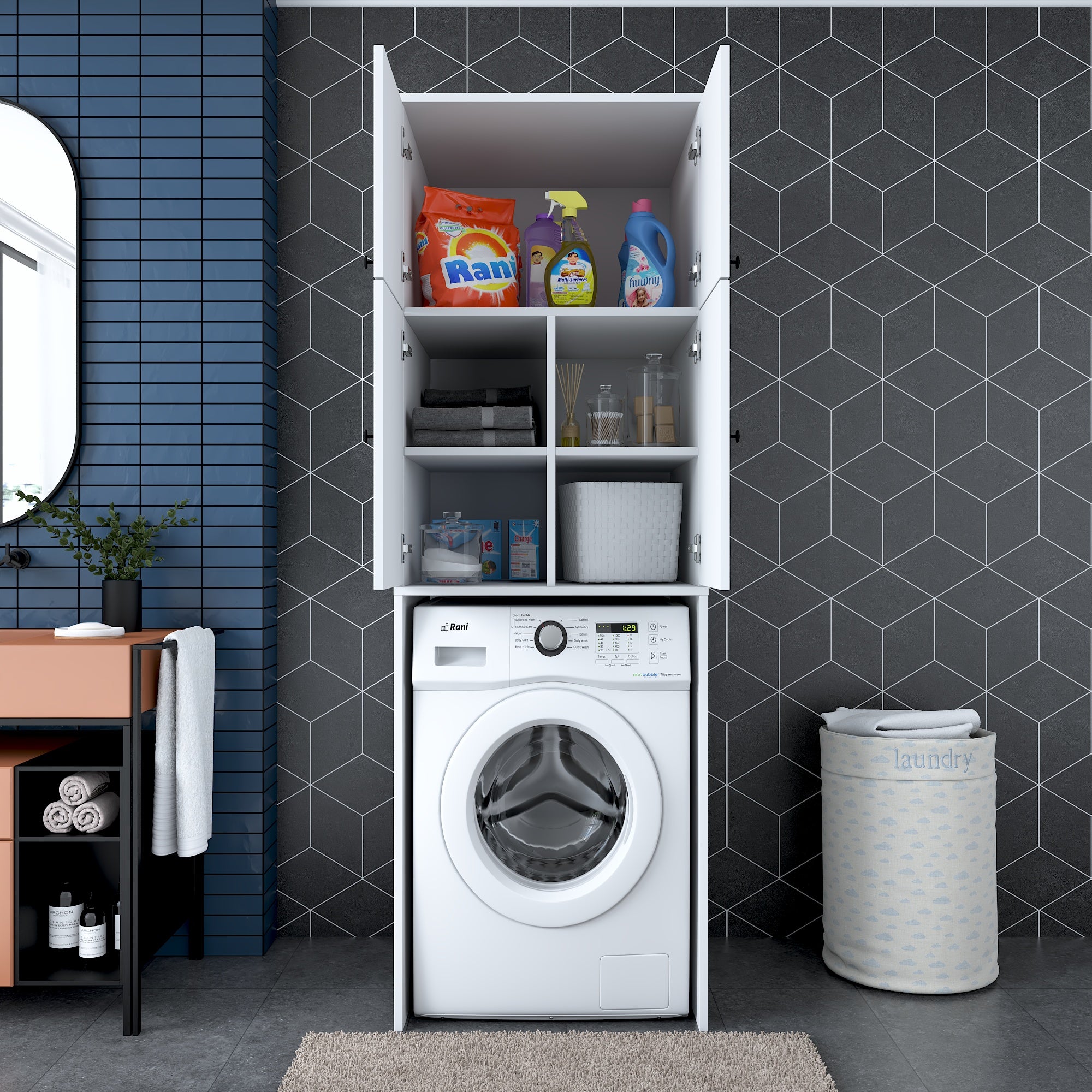 Rani KD114 beyaz çamaşır makinesi dolabı, 4 kapaklı, 5 raflı banyo dolabı, düzenli ve fonksiyonel depolama için ideal