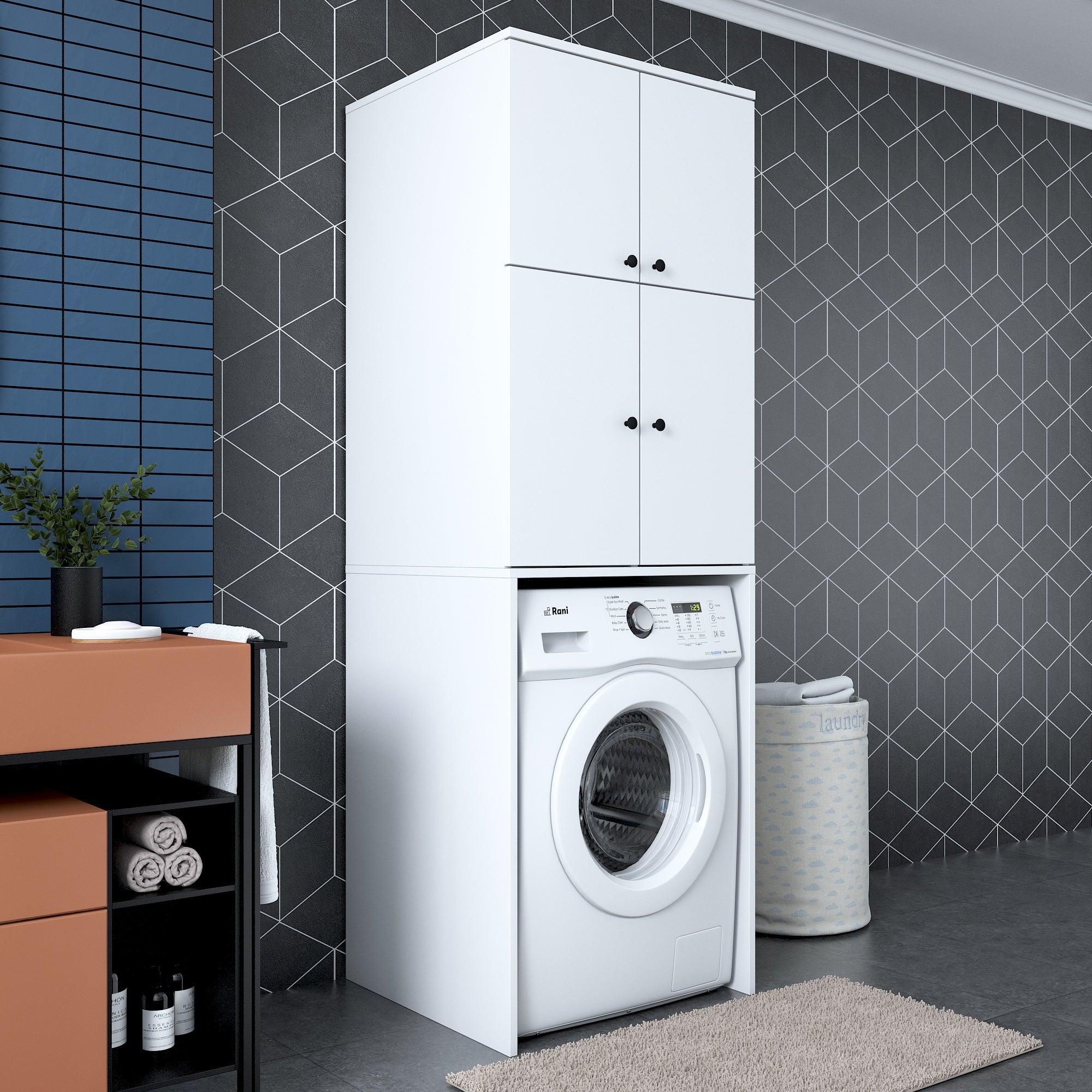 Rani KD114 beyaz çamaşır makinesi dolabı, 4 kapaklı, 5 raflı banyo dolabı, düzenli ve fonksiyonel depolama için ideal