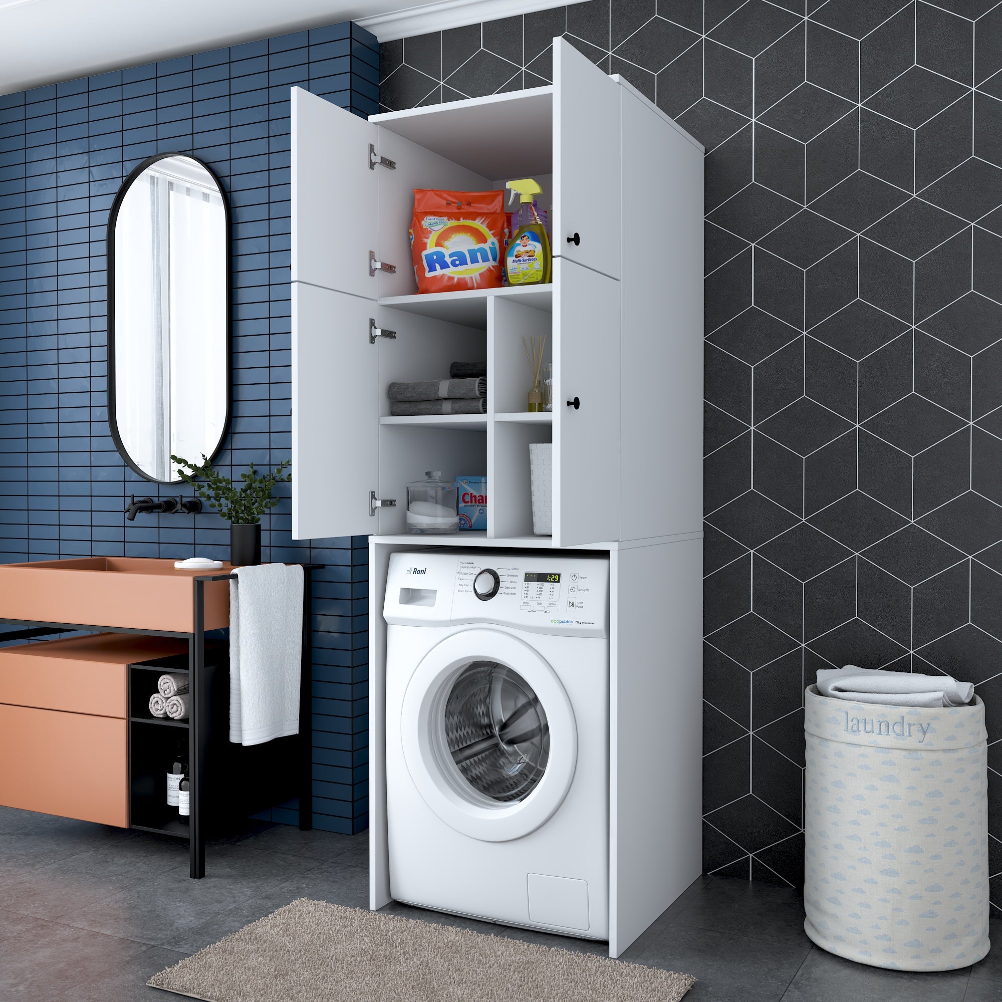 Rani KD114 beyaz çamaşır makinesi dolabı, 4 kapaklı, 5 raflı banyo dolabı, düzenli ve fonksiyonel depolama için ideal