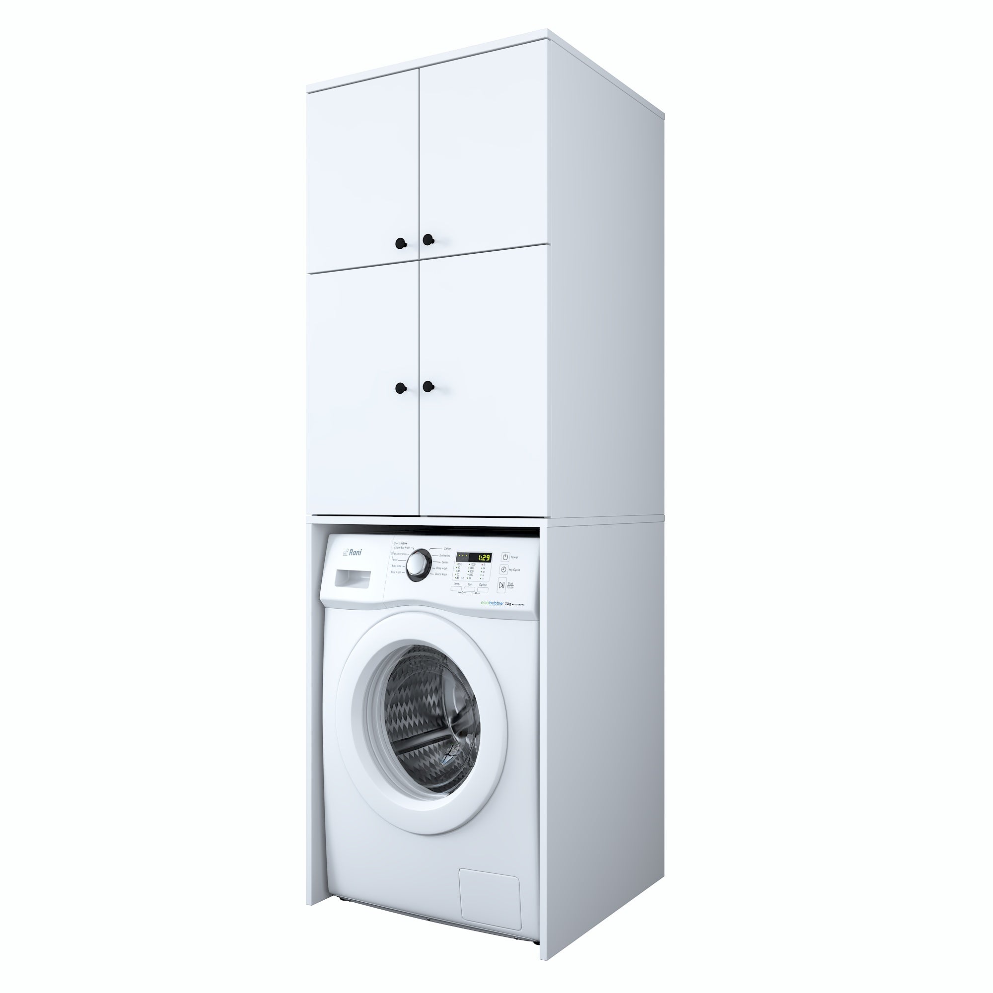 Rani KD114 beyaz çamaşır makinesi dolabı, 4 kapaklı, 5 raflı banyo dolabı, düzenli ve fonksiyonel depolama için ideal