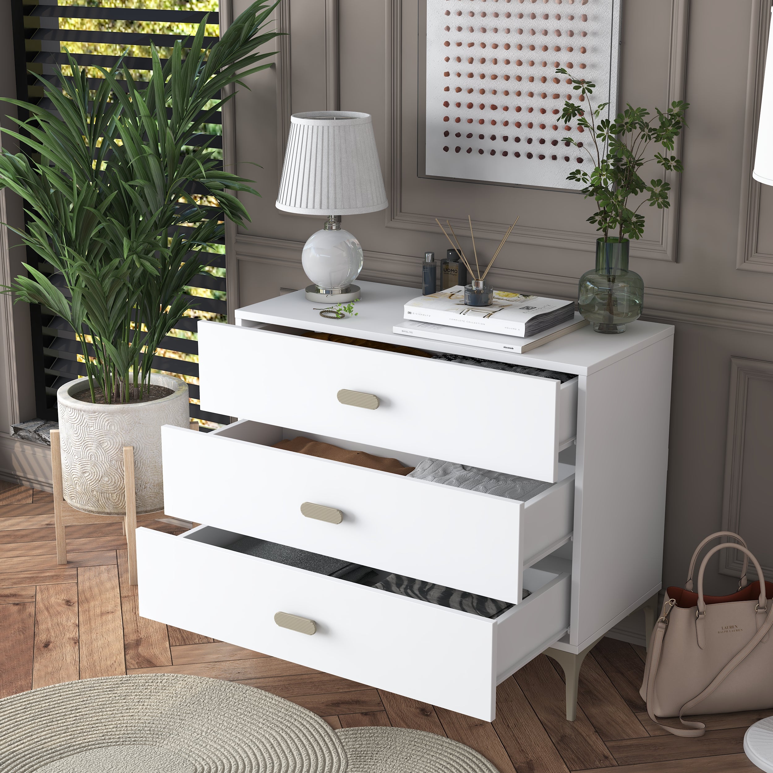 Rani BE107 Şifonyer 3 Çekmeceli Ayaklı Yatak Odası Beyaz