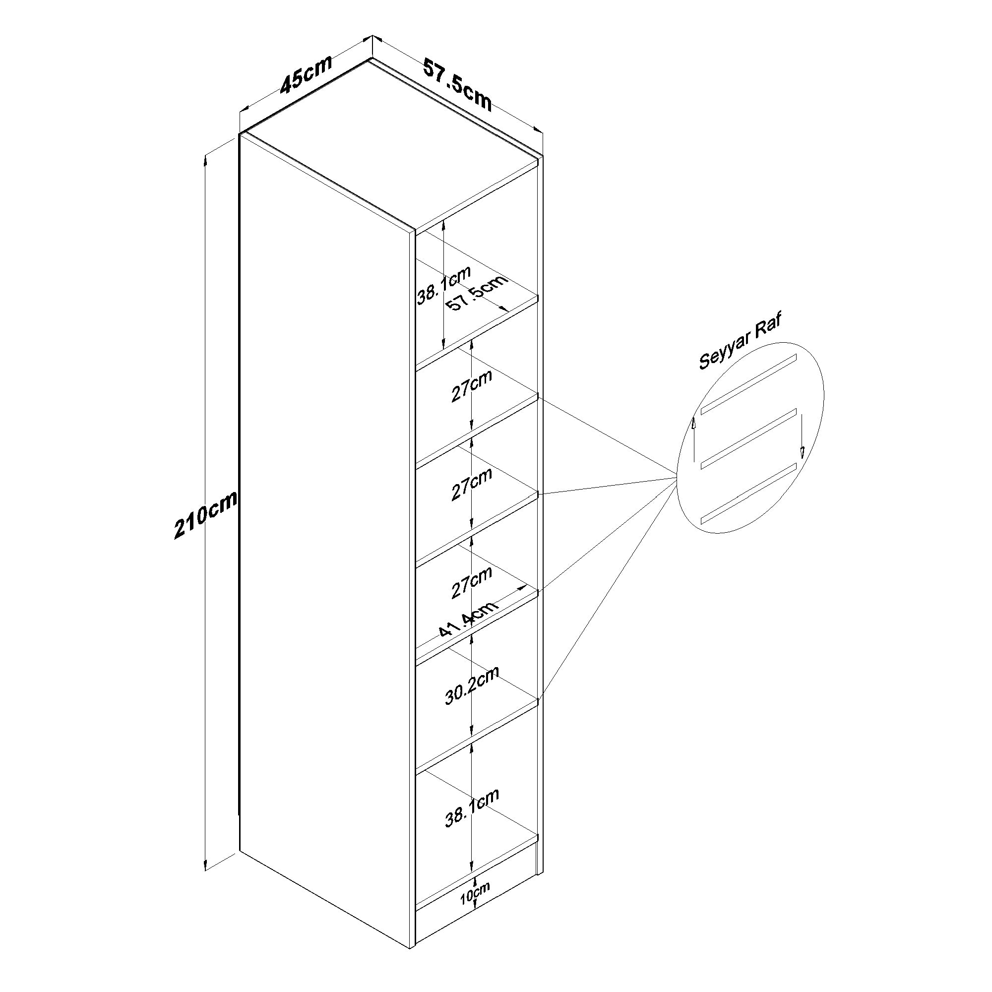 Rani BA182 Membran Kapaklı Gardırop 5 Raflı Tek Kapaklı Elbise Dolabı Beyaz